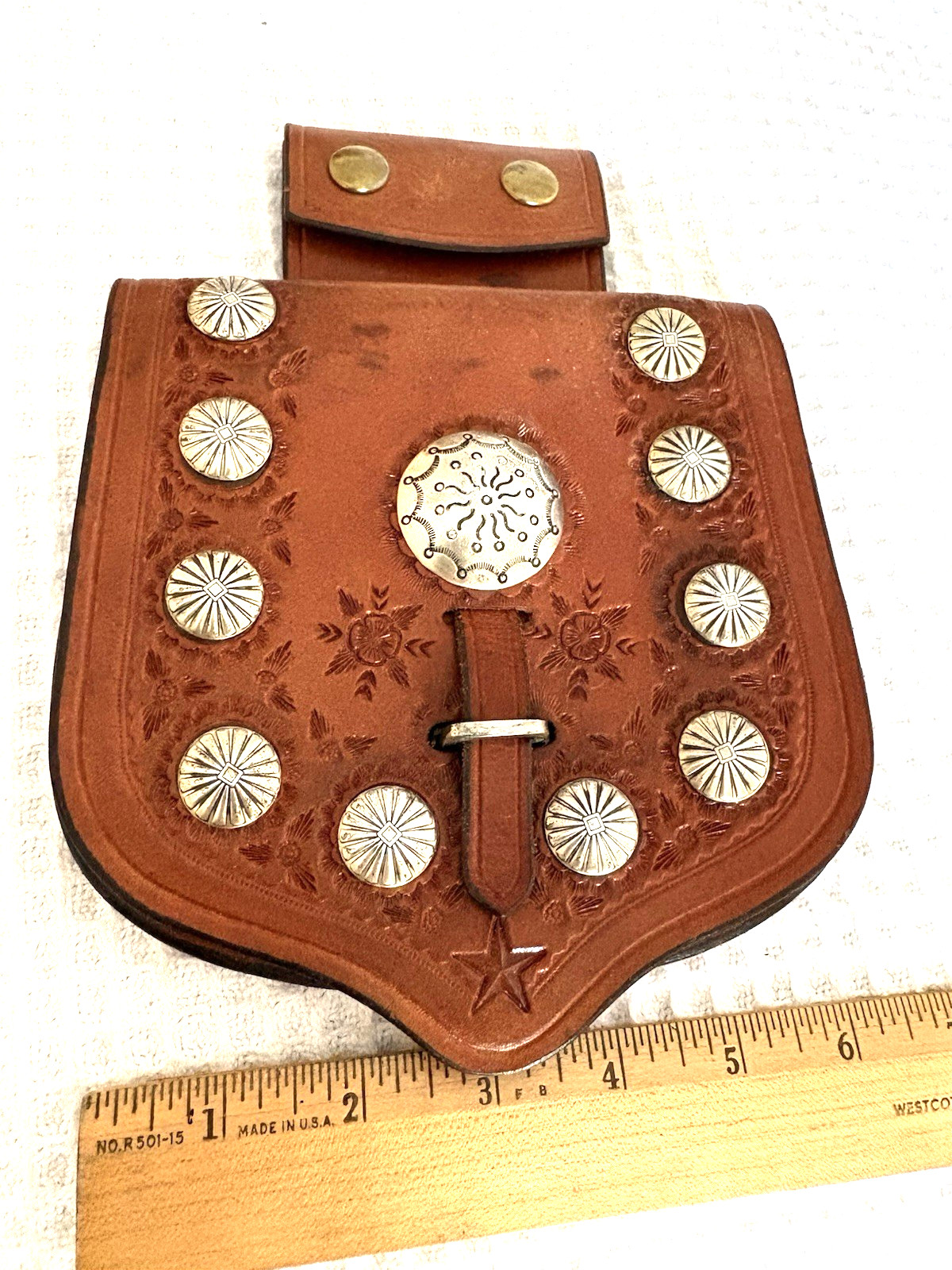Vintage Hand Tooled Leather Western Belt Pouch Native American Silver Conchos Vintage Hand Tooled Leather Western Belt Pouch Native American Silver Conchos