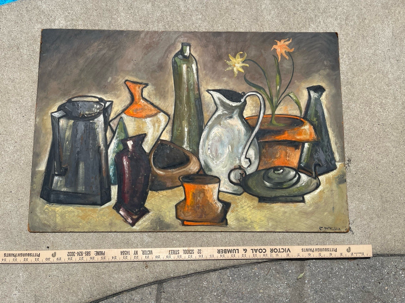 Vintage Mid Century Brutalist Cubist Oil Painting Blenko Glass Still Life 20x30