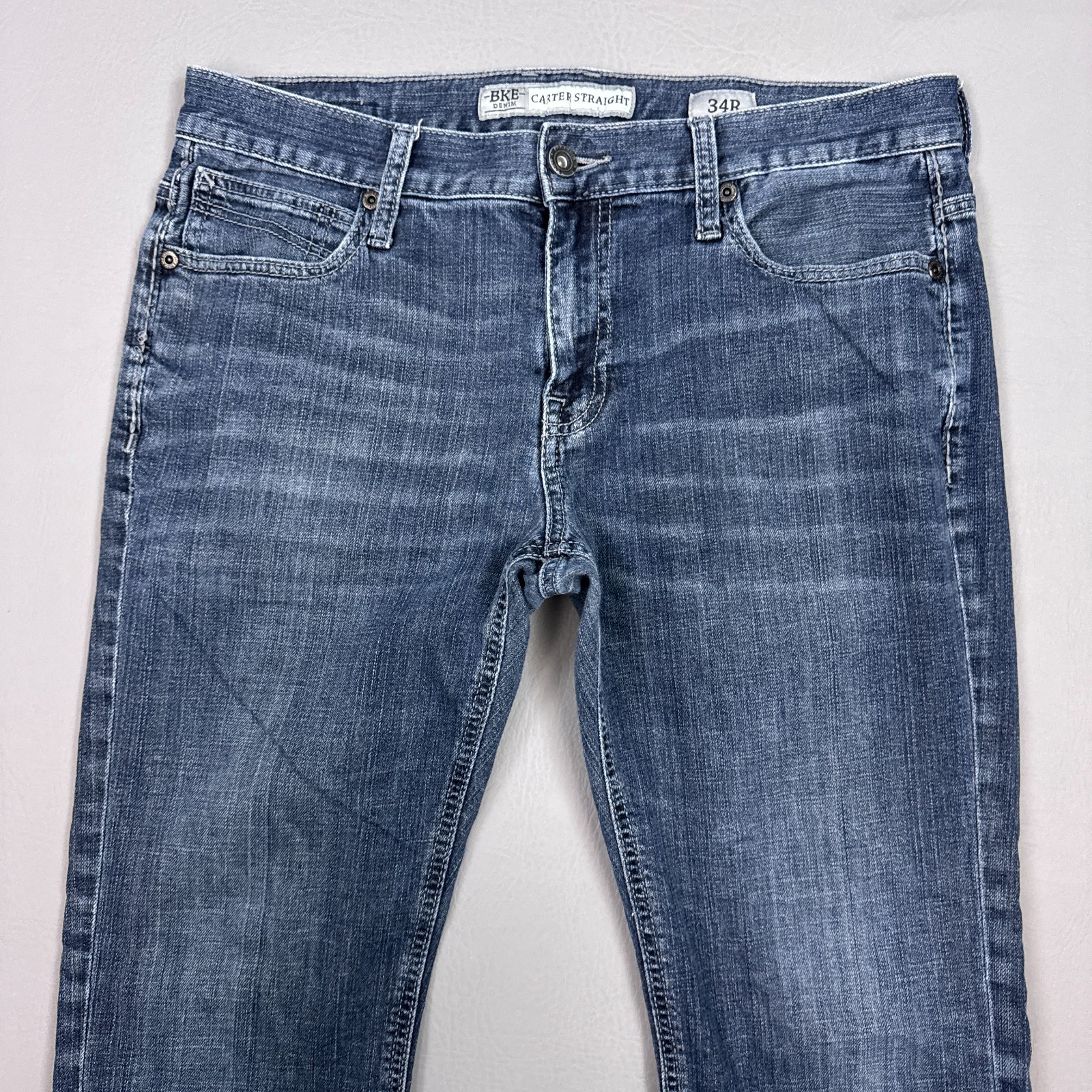 BKE Jeans Mens 34x30 Blue Carter Buckle Denim Pant Faded Stretch Dark Embroidery