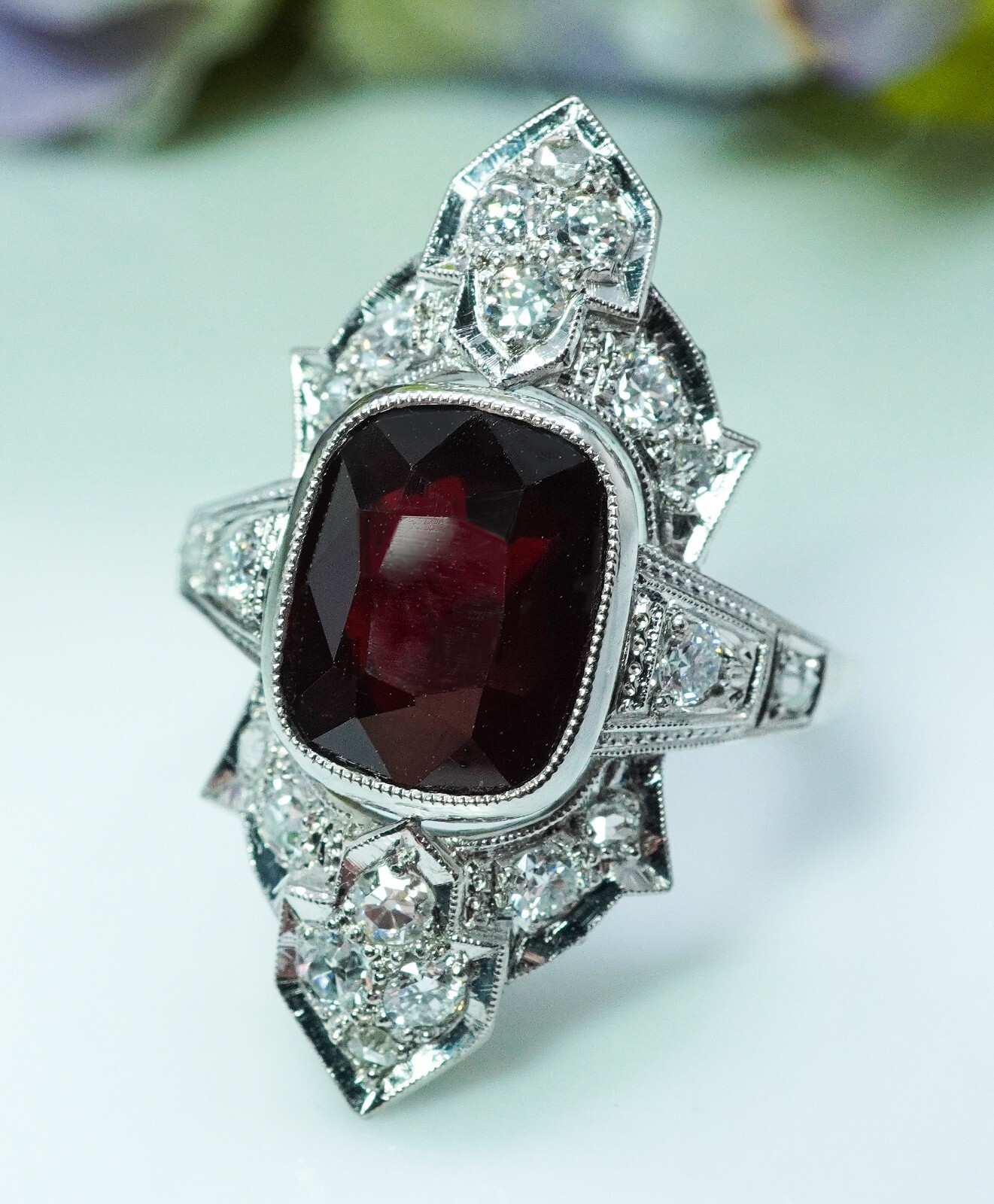Antique Cushion Garnet Old European Diamond Platinum Ring Estate