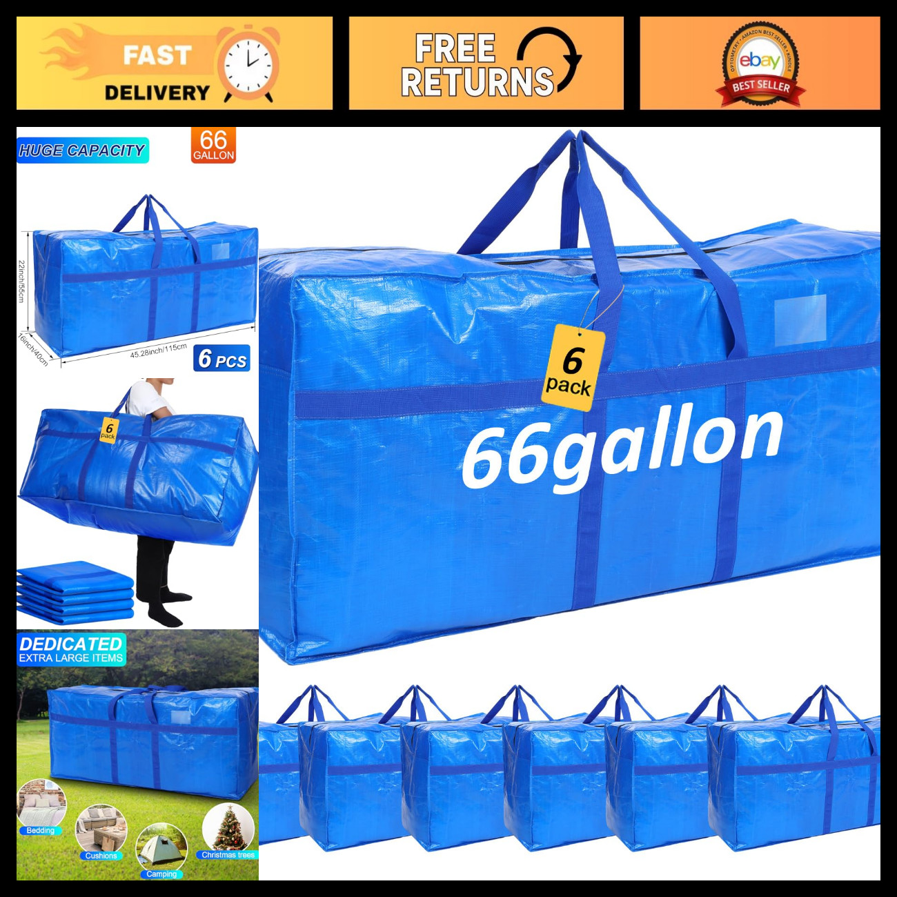Extra Large 66 Gallon Heavy Duty Moving Bags - 4 Pack Storage Solution