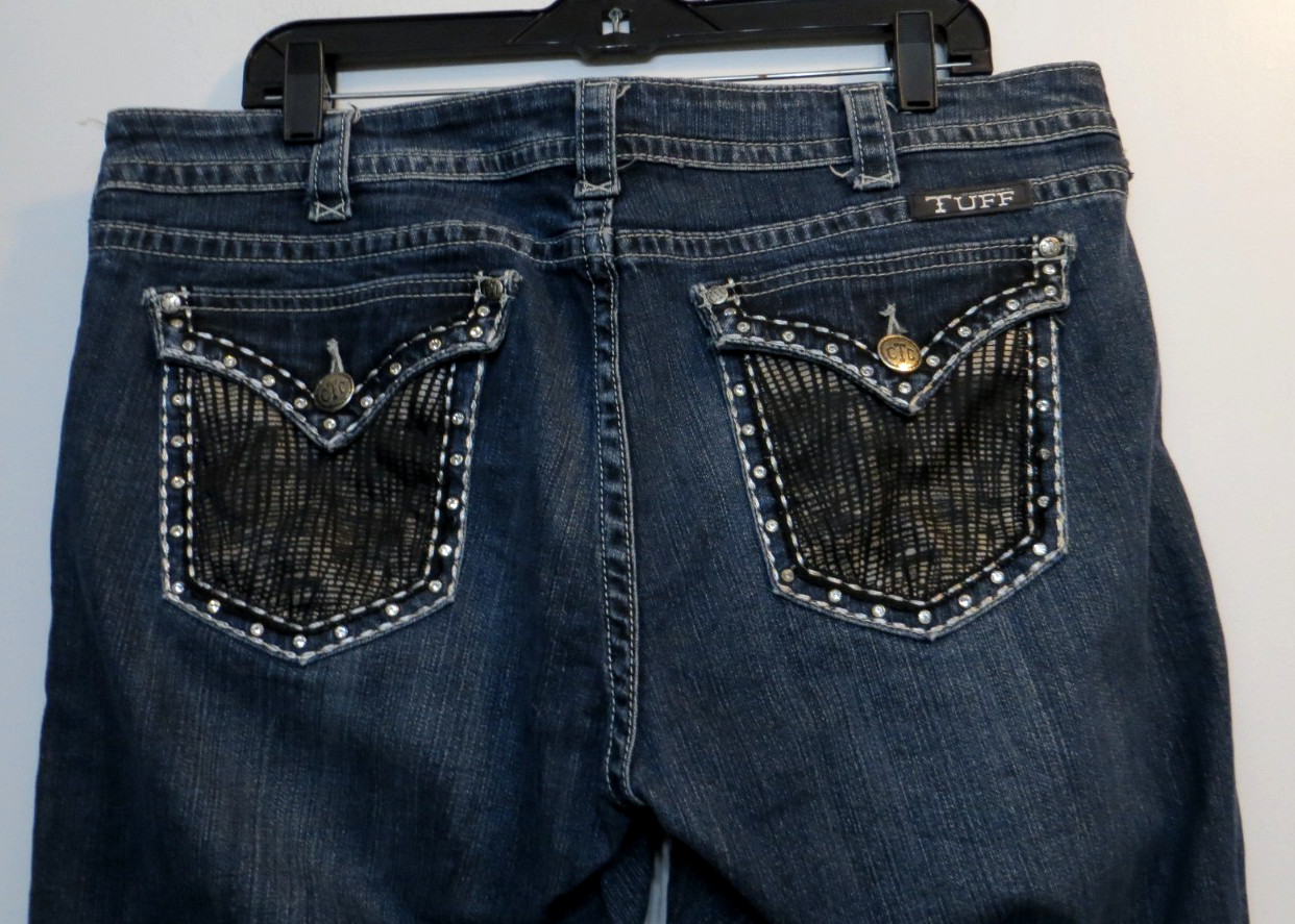 Cowgirl Tuff Jeans Women 32x33 Denim Blue Distressed Rhinestone Jazzy MEAS 35x33
