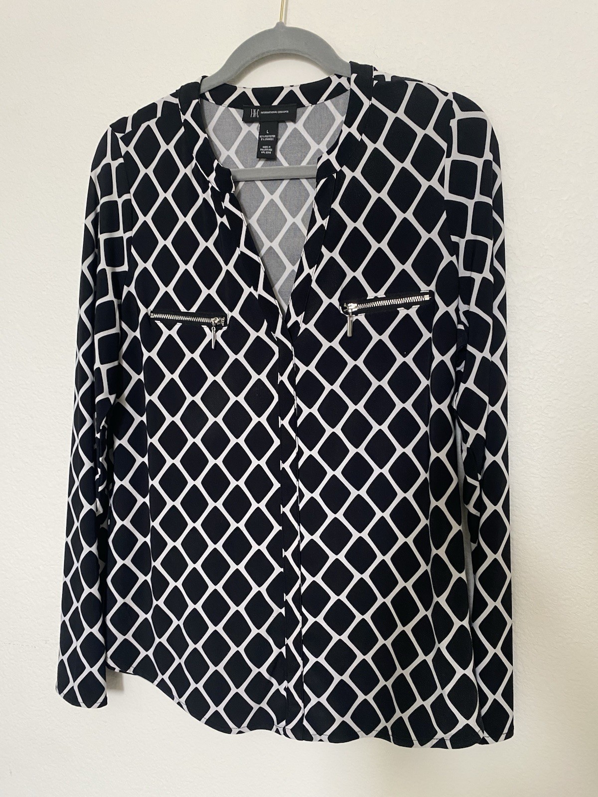 INC Int’l Concepts V-Neck Geometric Accent Gold Zip Pockets, Statement Blouse INC Int’l Concepts V-Neck Geometric Accent Gold Zip Pockets, Statement Blouse