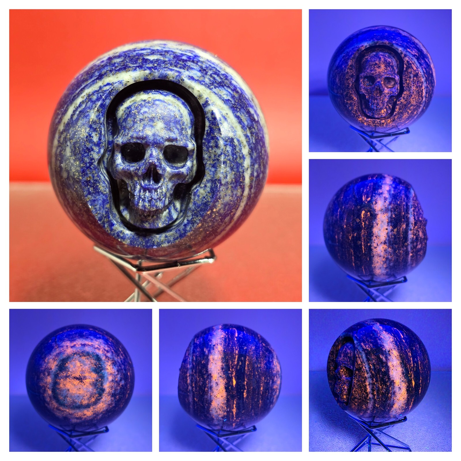 400G Rare UV Blue Lapis Lazuli Crystal Sphere Hand Carved Skull Reiki Healing