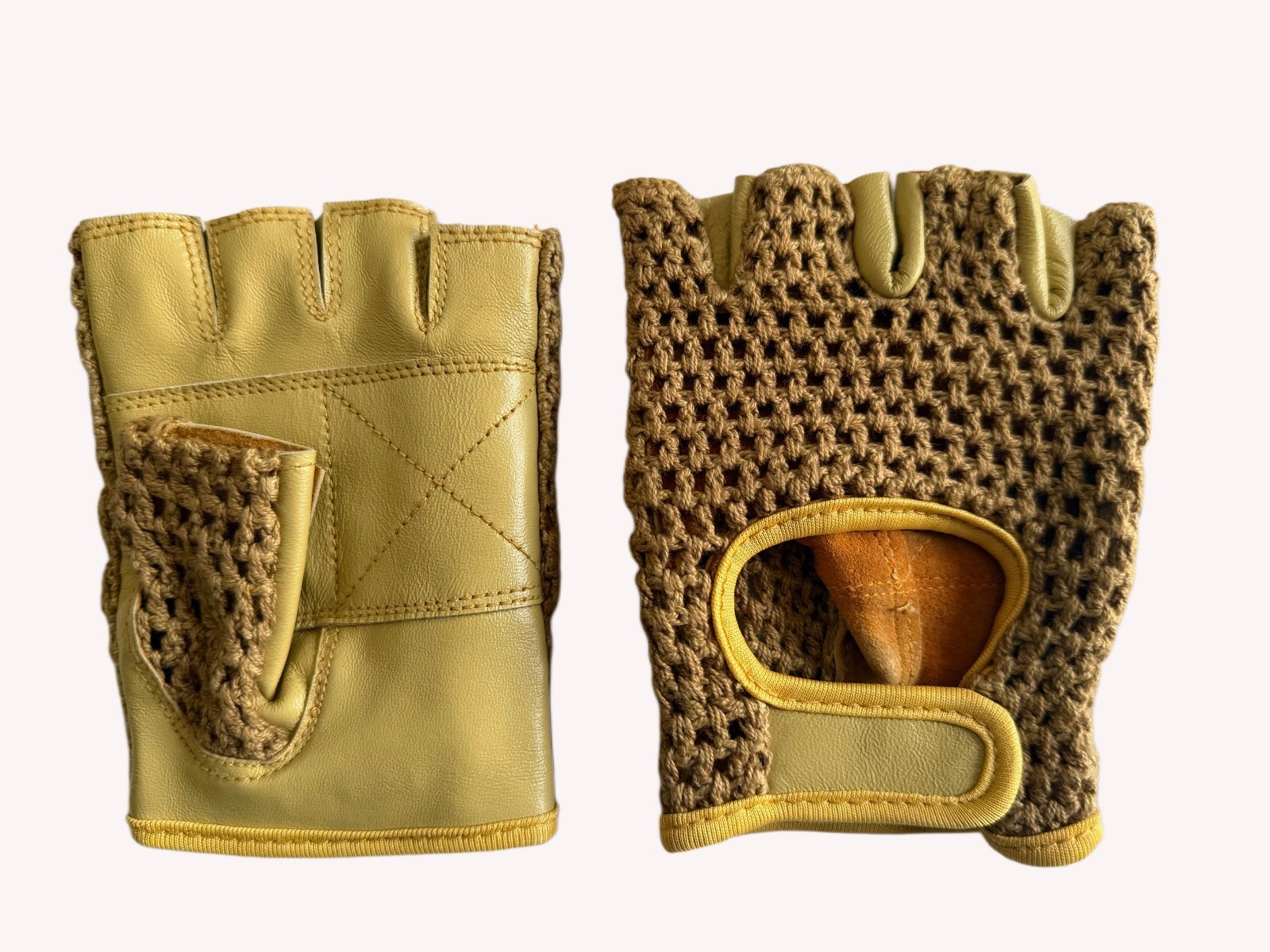 Leather Crochet Cycling / Bicycle Gloves - Vintage    British Tan