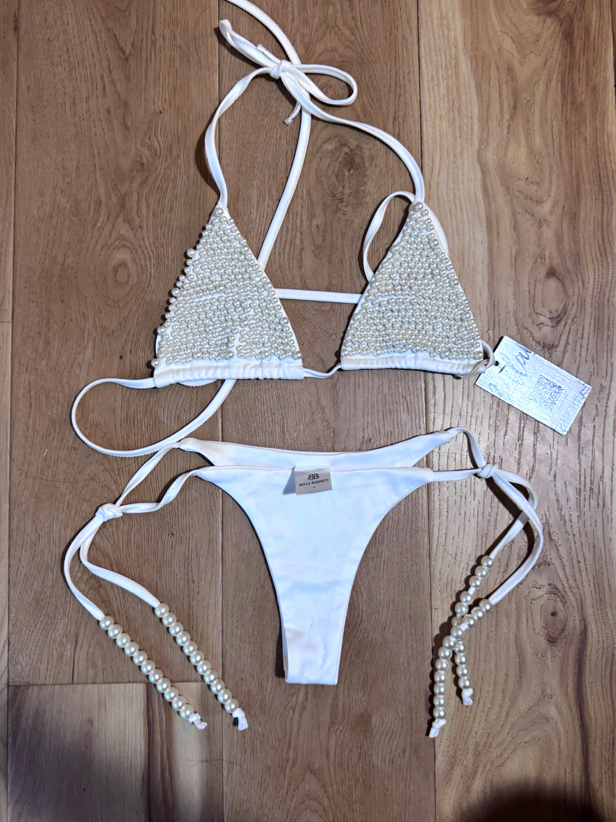 Bella Barnett White Pearl Beaded Triangle Halter Thong Bikini 2pc Set L Bella Barnett White Pearl Beaded Triangle Halter Thong Bikini 2pc Set L