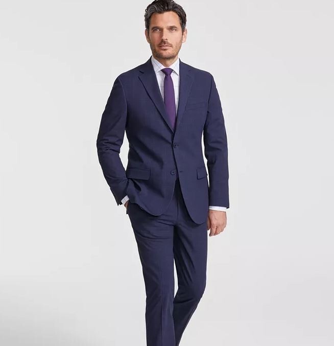 $395 DKNY Men\'s Navy Blue Plaid Modern Fit Nested Suit 40 R 33 x 32 zse1926