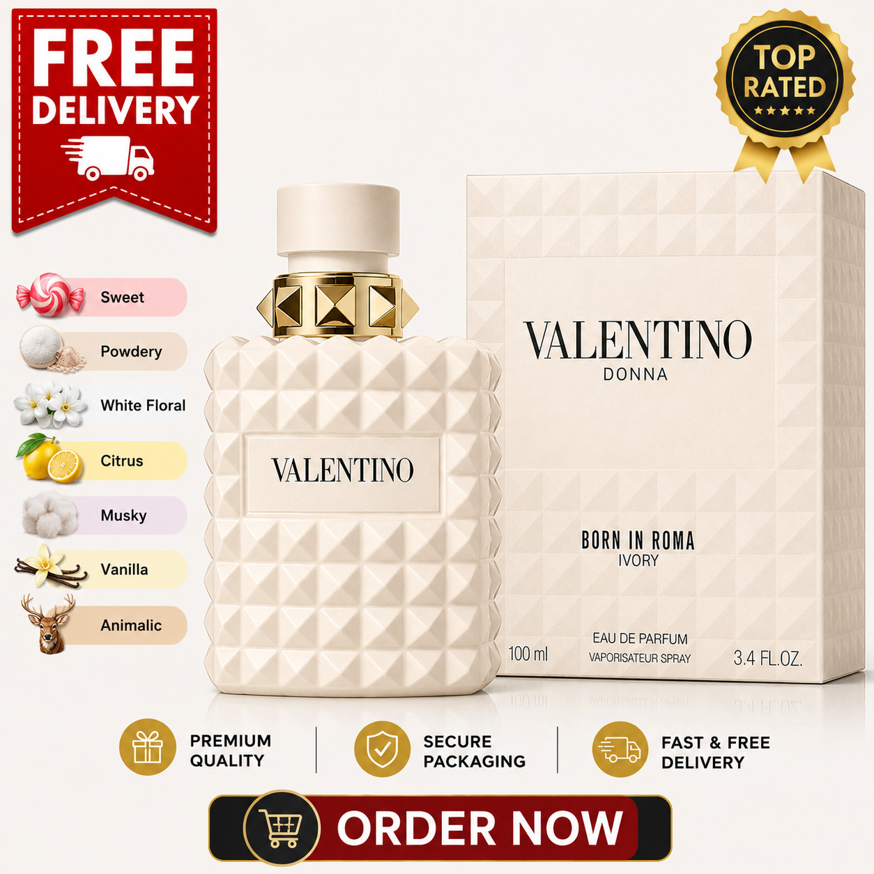 New VALENTINO DONNA BORN IN ROMA IVORY EAU DE PARFUM SPRAY 3.4 Oz / 100ml IN BOX