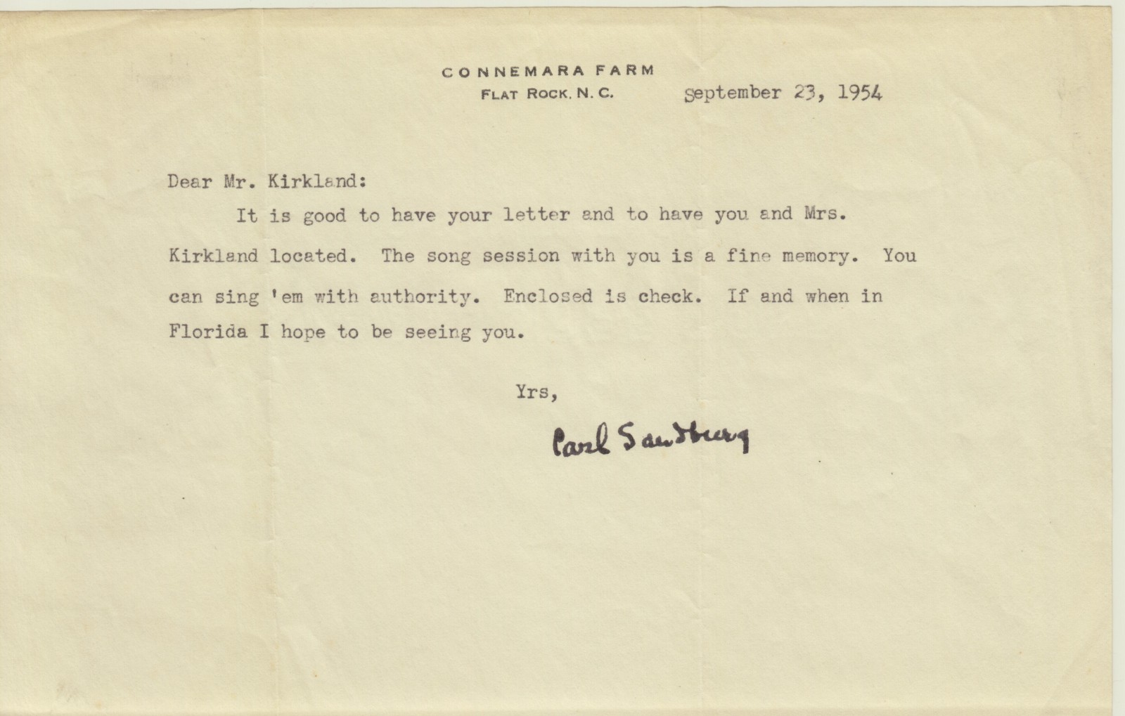 CARL SANDBURG - TYPED LETTER SIGNED September 23, 1954
