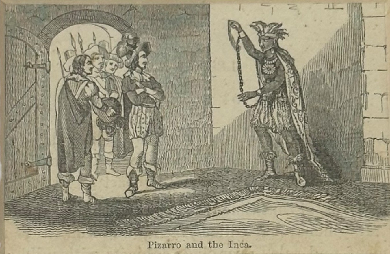 1853 Mitchell’s Primary Geography Engraving Pizarro And The Inca Scene Antique