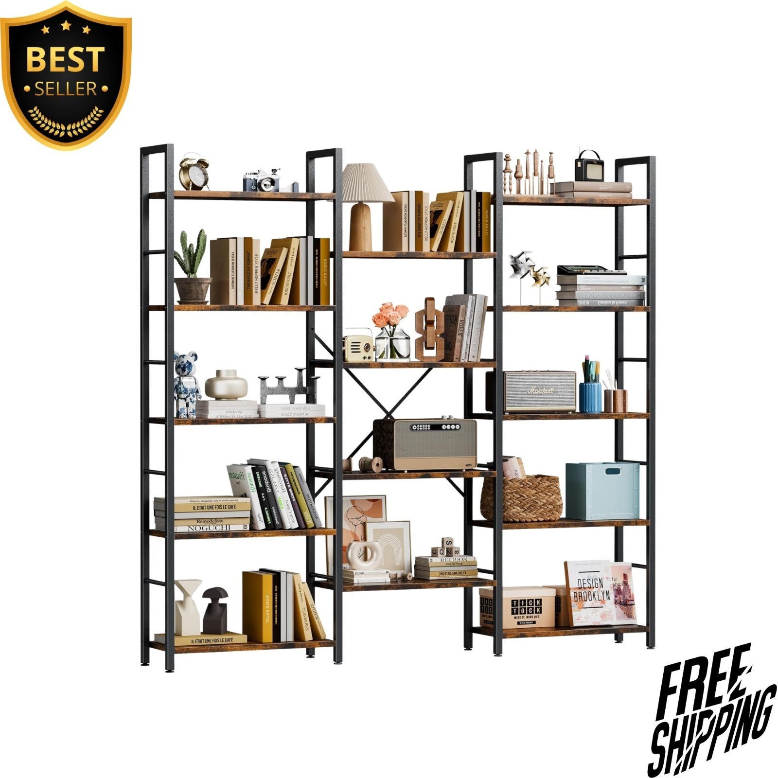 NEW Triple Column 5 Tier Bookshelf Industrial Large Bookcase Display Shelves NEW Triple Column 5 Tier Bookshelf Industrial Large Bookcase Display Shelves