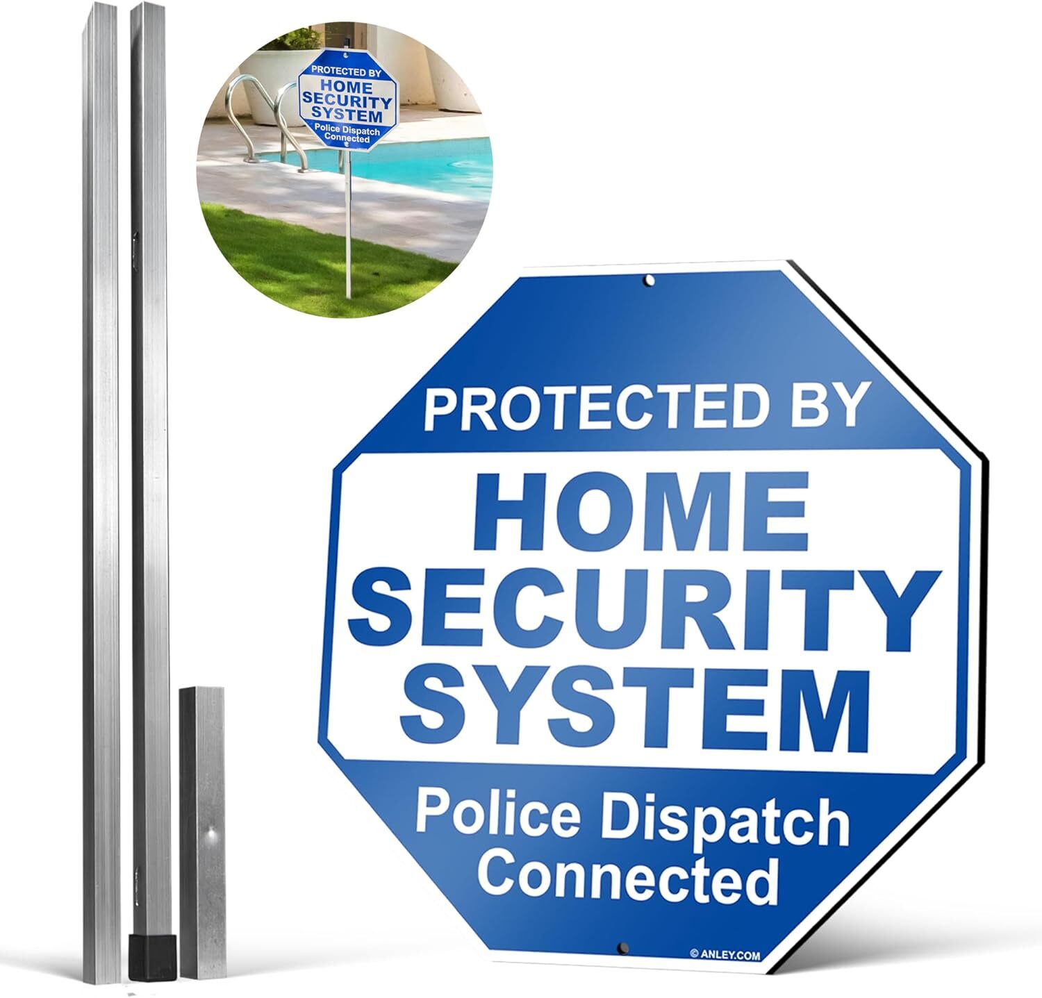 Anley Aluminum Protected By Home Security System Yard Sign 10x10 & Ground Stake