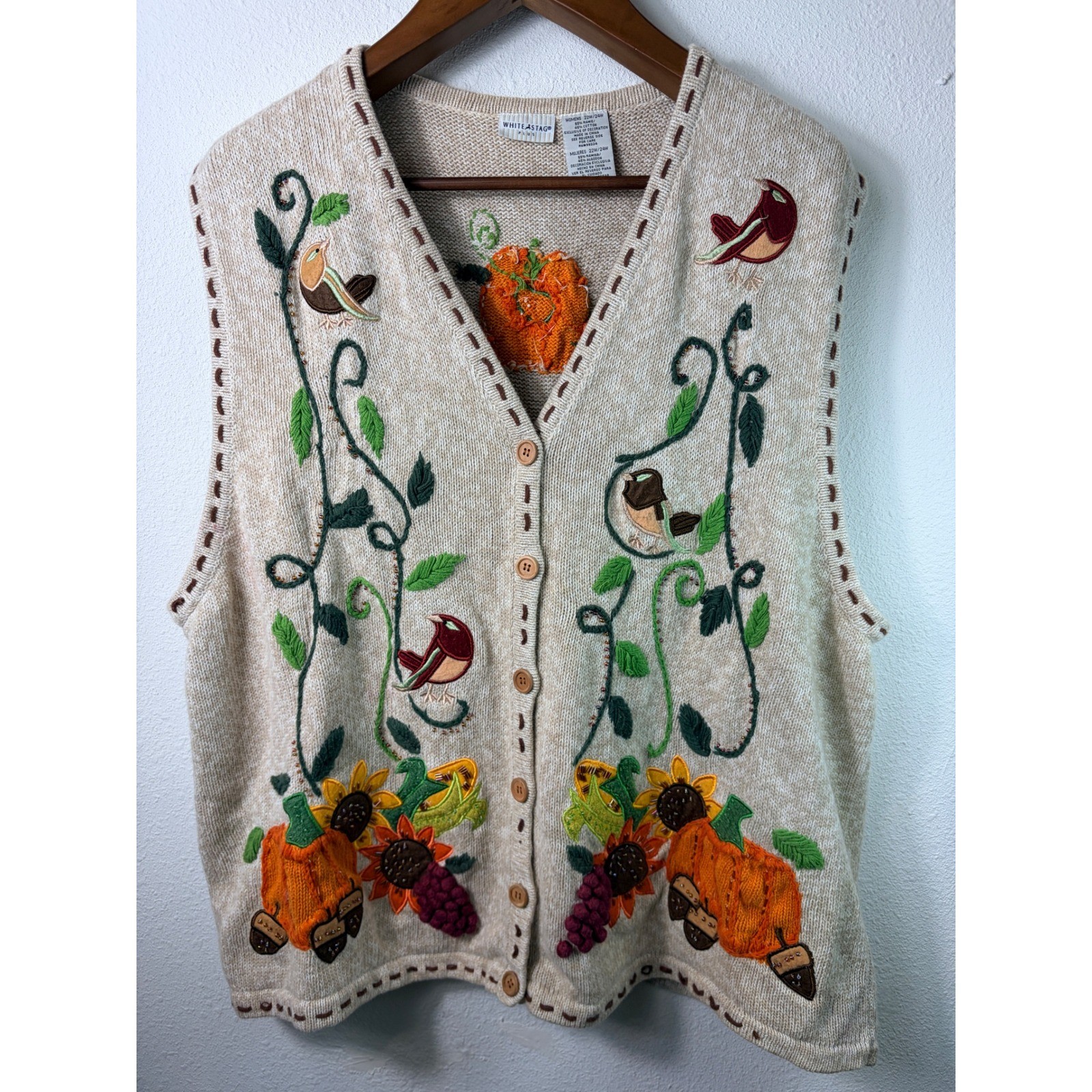 White Stag Hand Embroidered Autumn Sweater Vest Pumpkin Sunflower Women 22W/24W