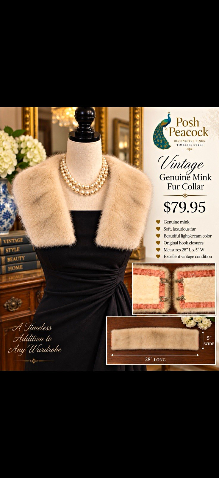 Vintage Genuine Mink Fur Collar, Cream, Women’s Formal Fur Collar Accessory Vintage Genuine Mink Fur Collar, Cream, Women’s Formal Fur Collar Accessory