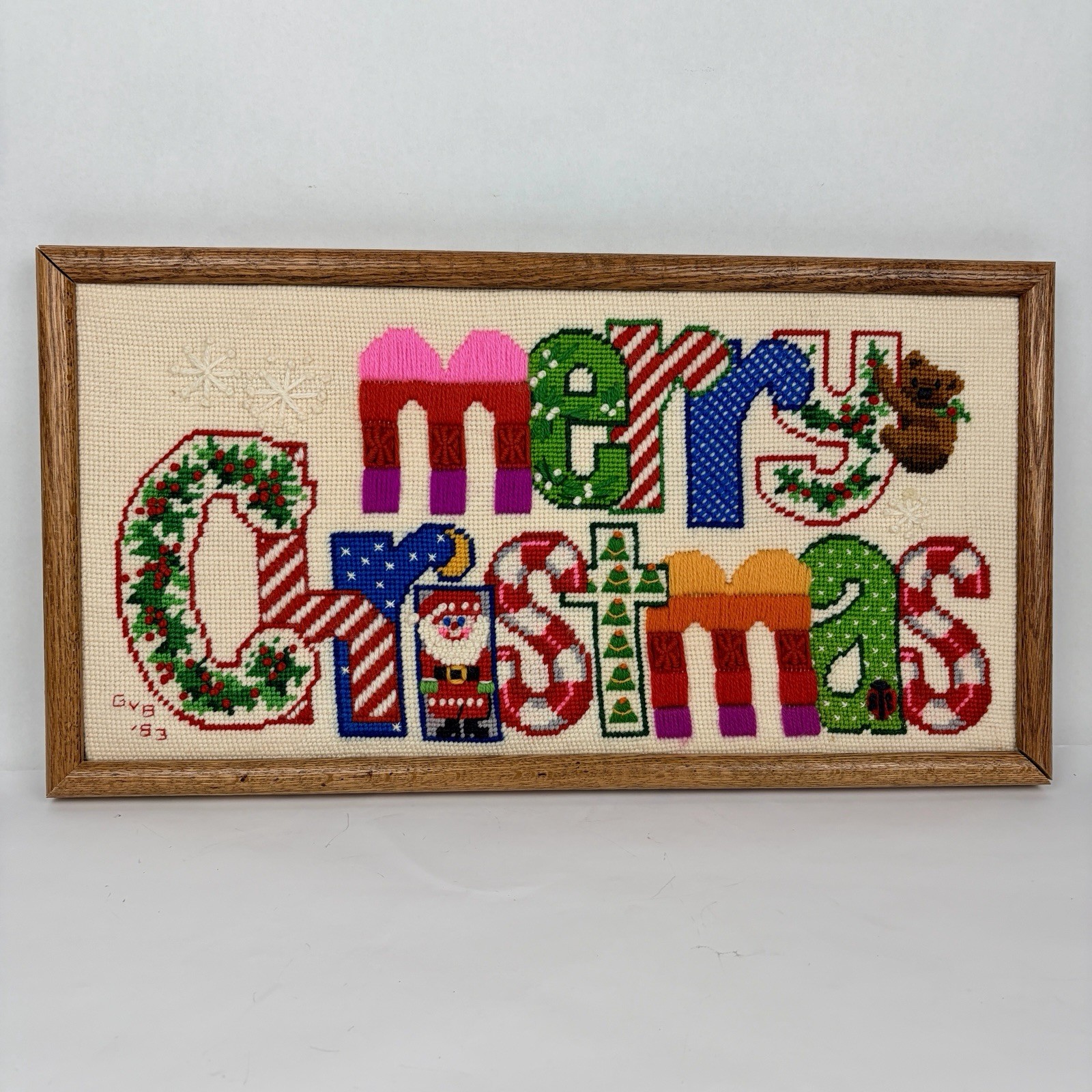 VTG Handmade Needlepoint Merry Christmas Holiday Framed Sunset Stitchery Kitsch VTG Handmade Needlepoint Merry Christmas Holiday Framed Sunset Stitchery Kitsch