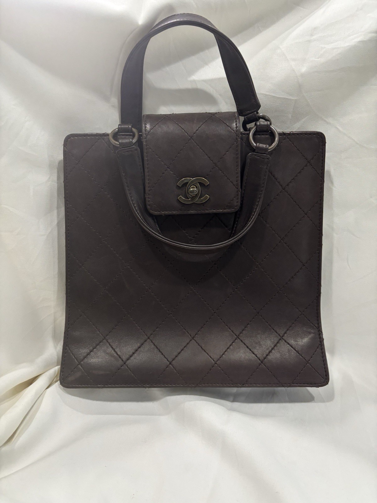 Authentic Vintage CHANEL Dark Chocolate Brown Quilted Leather Top Handle Tote