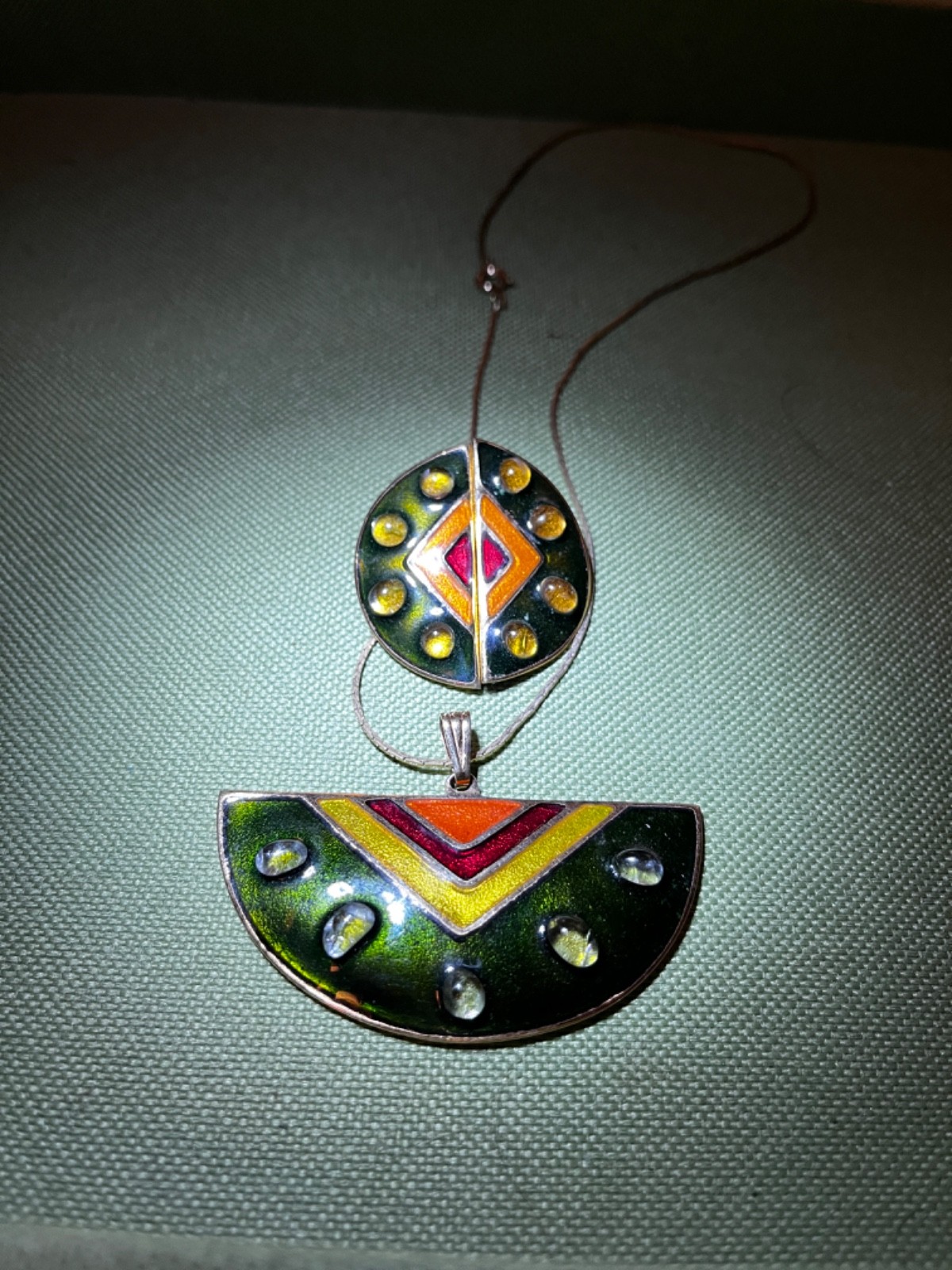 *EXTREMELY*RARE Vintage Mexico Signed Miguel Pineda Copper Enameled Disc Pendant