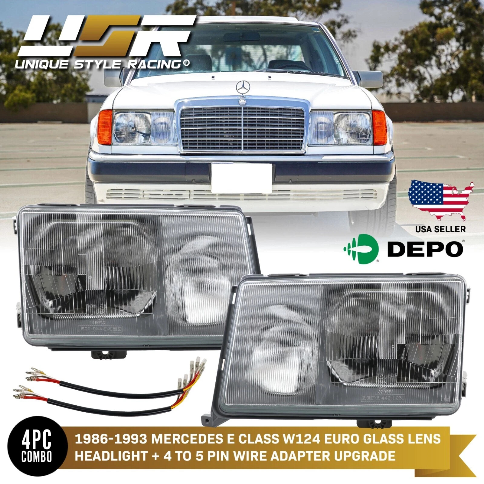 DEPO Euro Glass Headlights +Wiring Adapters Fit For 1986-1993 Mercedes-Benz W124 DEPO Euro Glass Headlights +Wiring Adapters Fit For 1986-1993 Mercedes-Benz W124