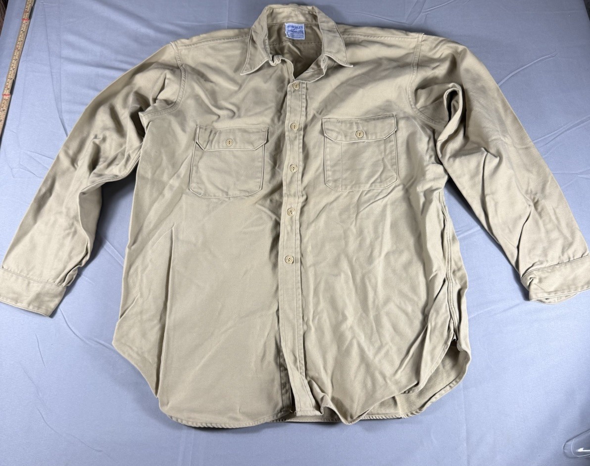 Vintage 1950s Hercules Mountain Cloth Tan Khaki Work Shirt Sanforized distressed