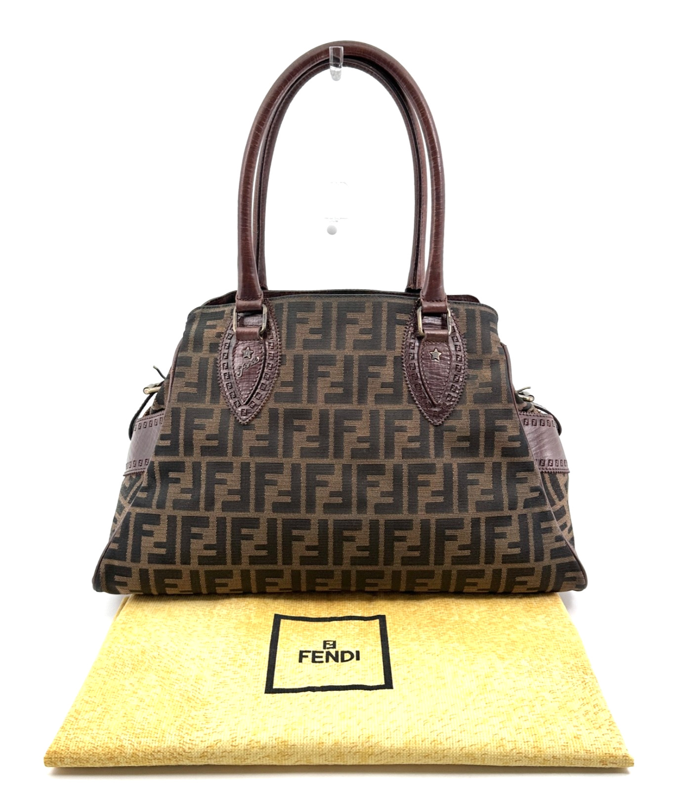 FENDI Tote Bag Zucca Etnico Brown Canvas Leather Authentic