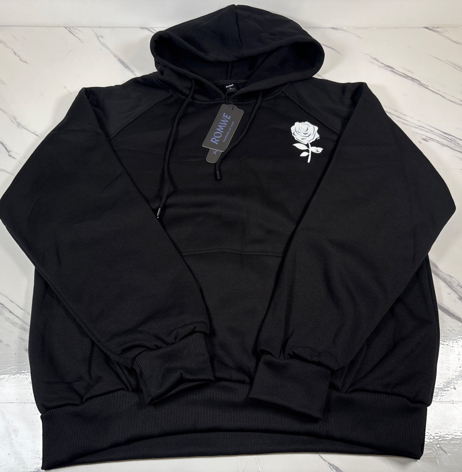 Romwe Black Hoodie Drawstring Rose Size Large