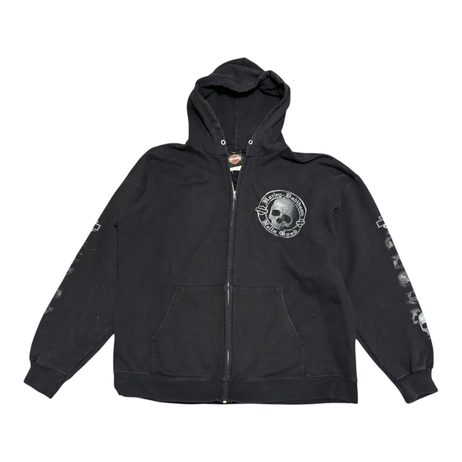 Vintage Harley Davidson Skull Sleeves Black Zip Up Hoodie Sweatshirt Size L Vintage Harley Davidson Skull Sleeves Black Zip Up Hoodie Sweatshirt Size L