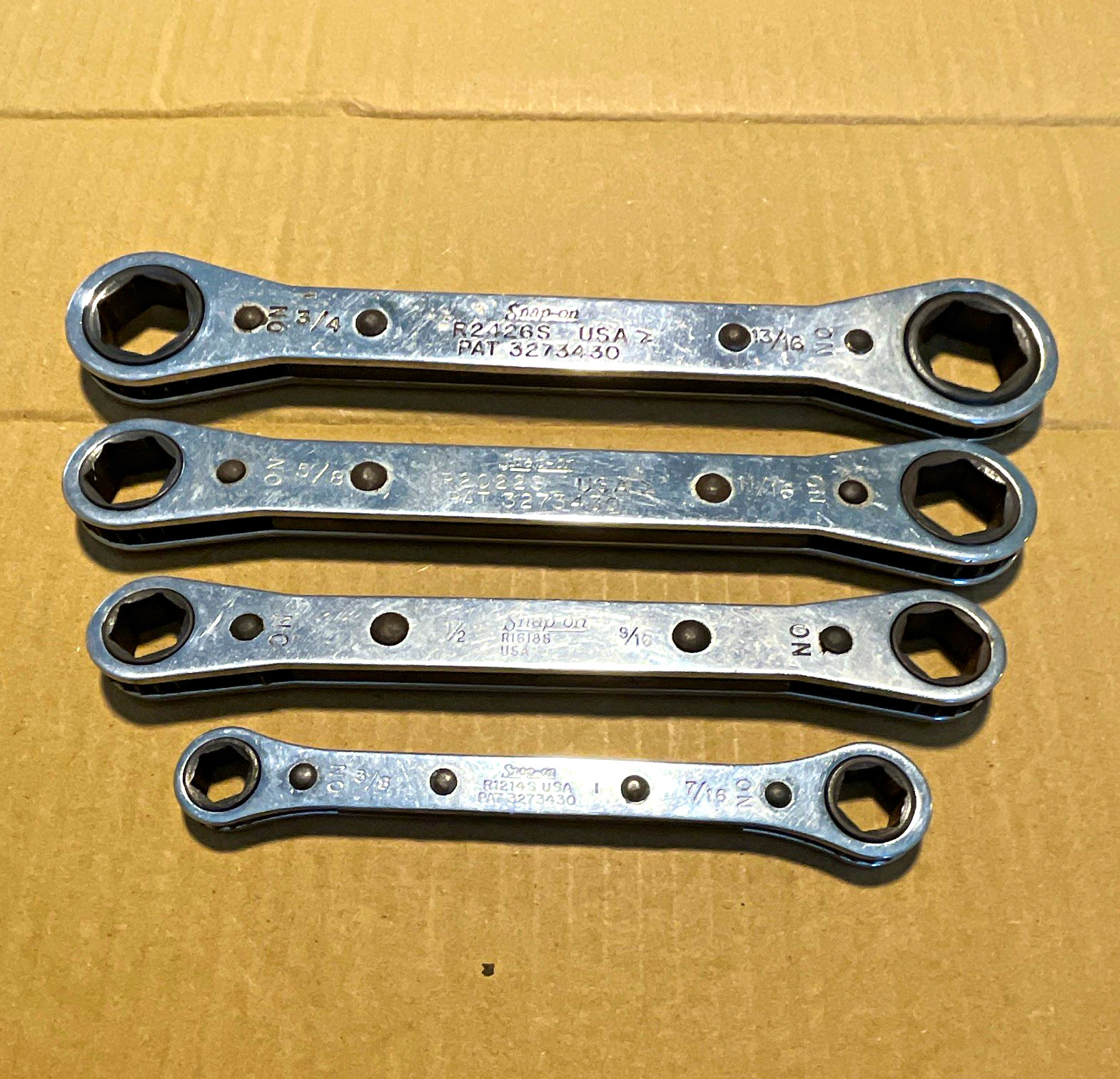 VINTAGE SNAP-ON TOOLS 4-PIECE SAE RATCHETING DOUBLE BOX-END WRENCH SET–USA MADE