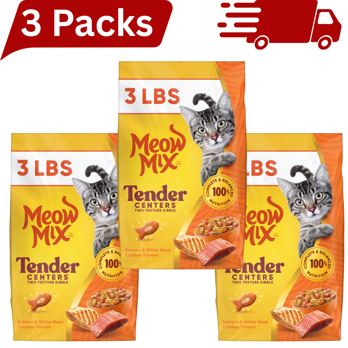 3 x Meow Mix Tender Centers Dry Cat Food Salmon & White Meat Chicken 3 lb Bags