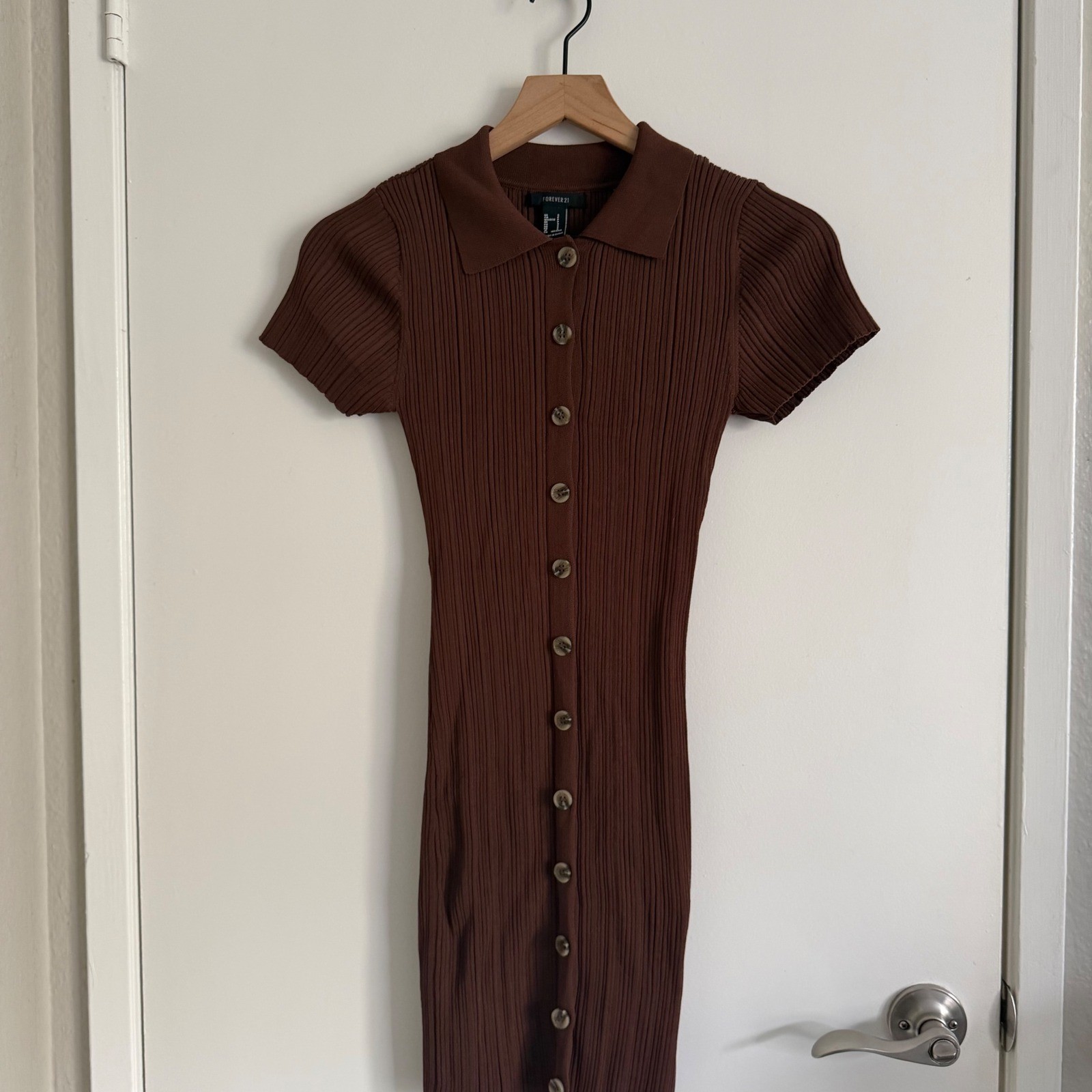 Y2K Brown Ribbed Knit Button Down Polo Mini Dress Preppy 90s Y2K Brown Ribbed Knit Button Down Polo Mini Dress Preppy 90s