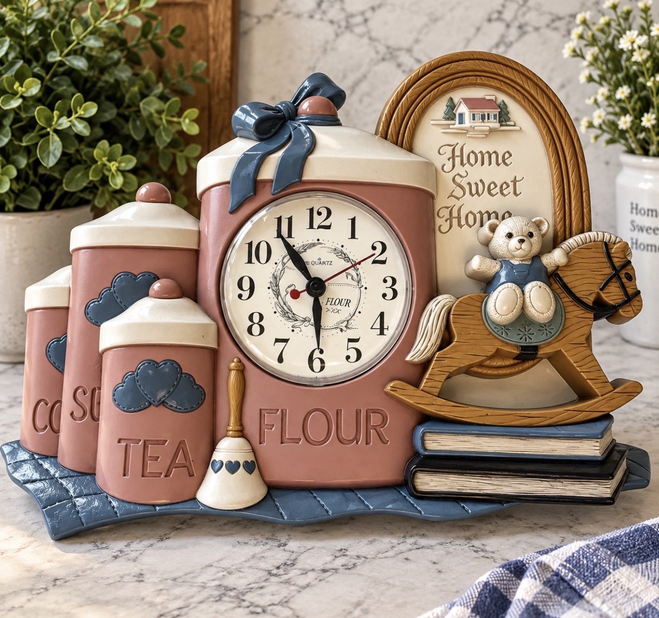 Vintage HOMCO Home Interiors Home Sweet Home Kitchen Wall Clock Teddy Bear Horse