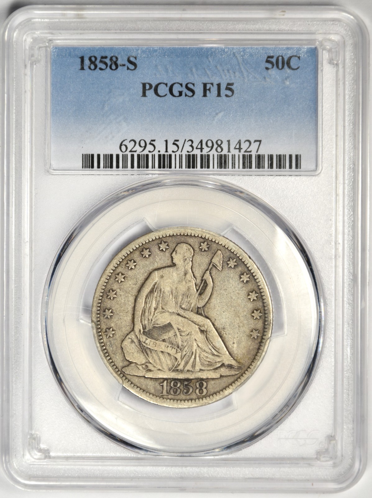 1858-S HALF DOLLAR ~ PCGS F15 ~ NICE AND ORIGINAL 1858-S HALF DOLLAR ~ PCGS F15 ~ NICE AND ORIGINAL