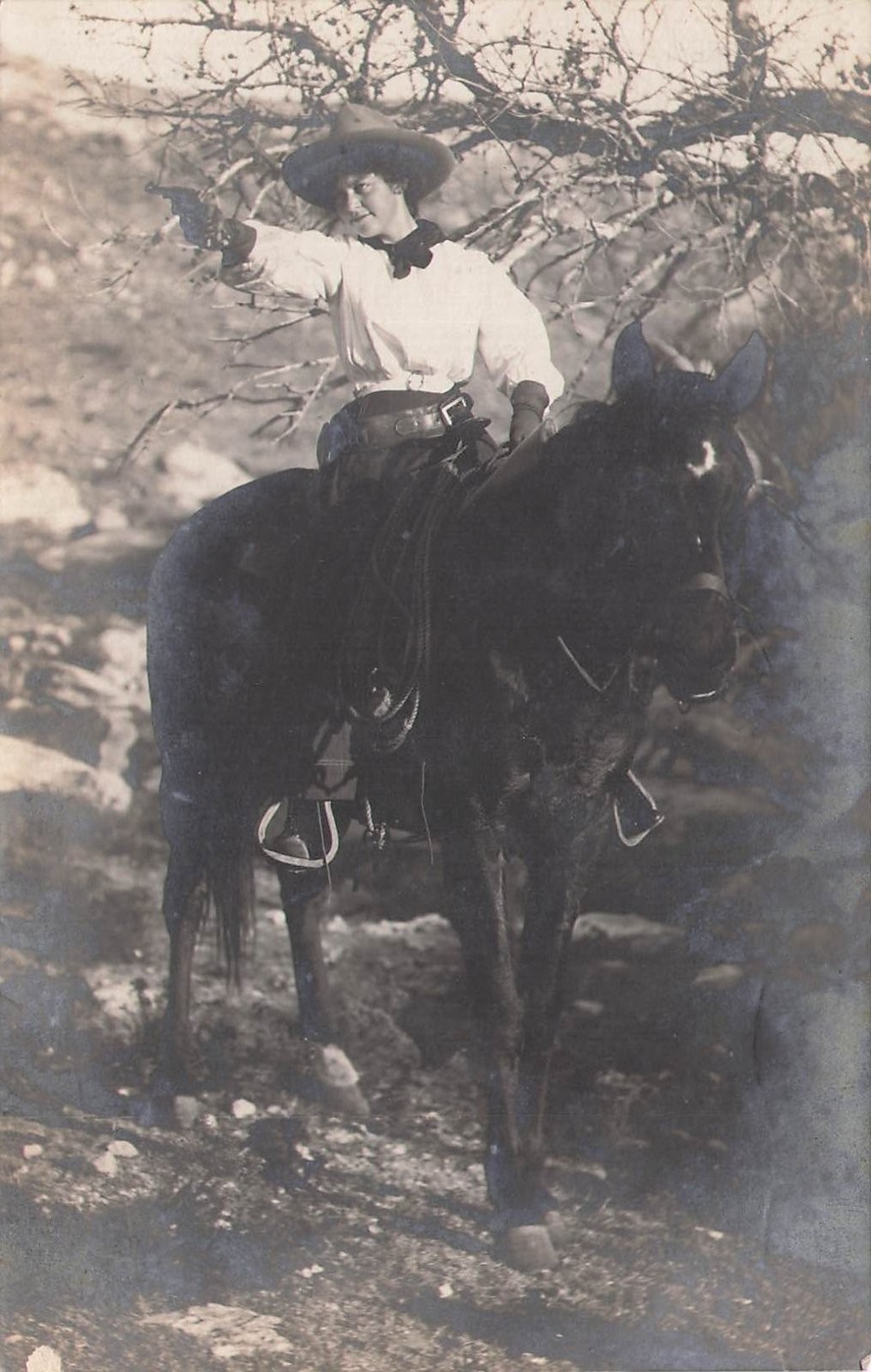Cowgirl on Horseback with Pistol Western Woman w/ Note on Back RPPC Berkely CA Cowgirl on Horseback with Pistol Western Woman w/ Note on Back RPPC Berkely CA