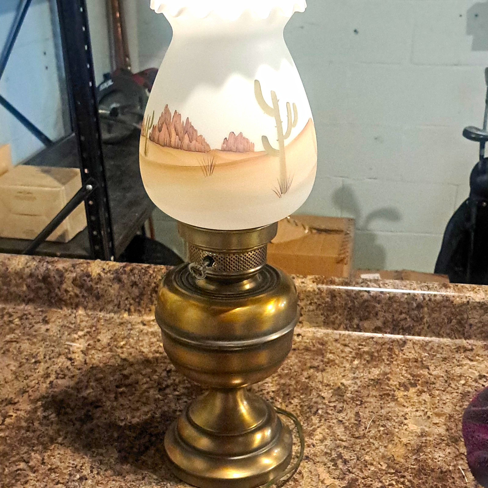 Vintage Fenton Glass Lamp Desert Landscape, Antique Brass Base, 23 Vintage Fenton Glass Lamp Desert Landscape, Antique Brass Base, 23