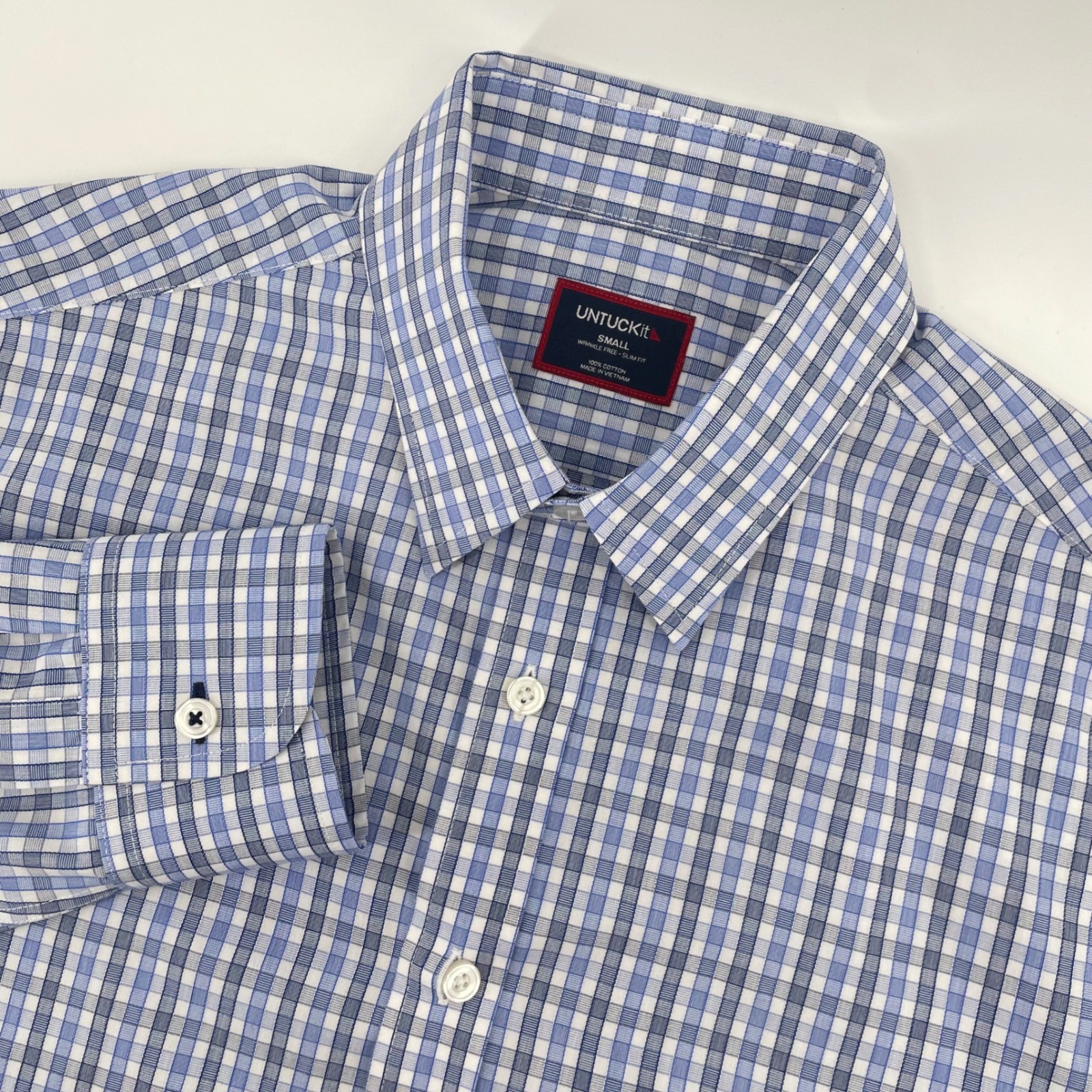 UNTUCKit Button Down Mens Small Blue Check Slim Fit Durif-WF Wrinkle Free Shirt