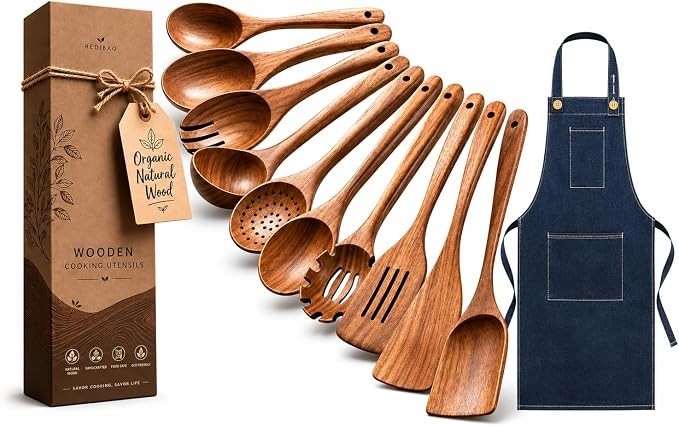 10 Pcs Wooden Cooking Spoons with Apron - Natural Teak Wood Kitchen Utensil Set