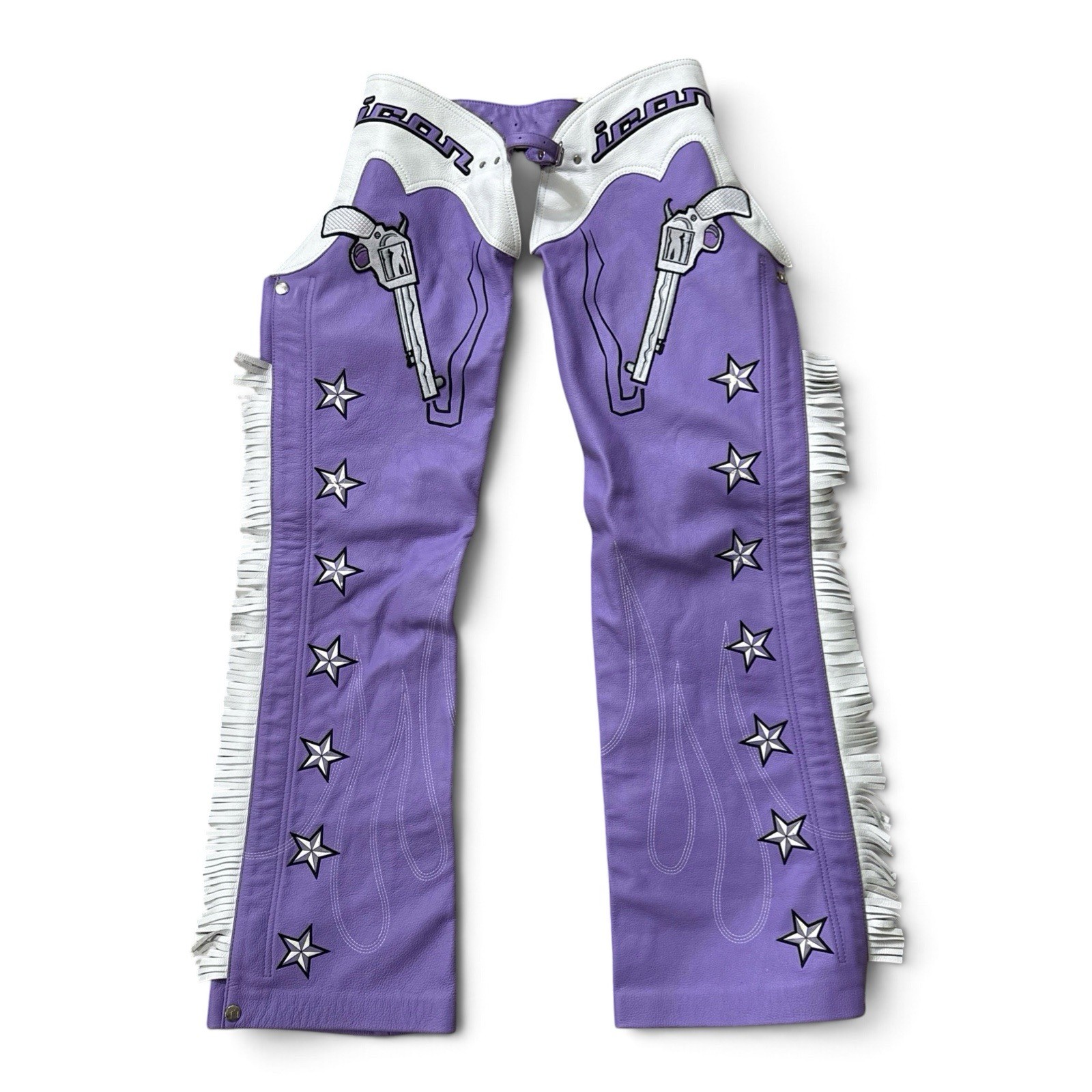 Icon Kitty Chaps Womens Leather Fringe Motorcycle Smoking Gun Purple Large VTG Icon Kitty Chaps Womens Leather Fringe Motorcycle Smoking Gun Purple Large VTG