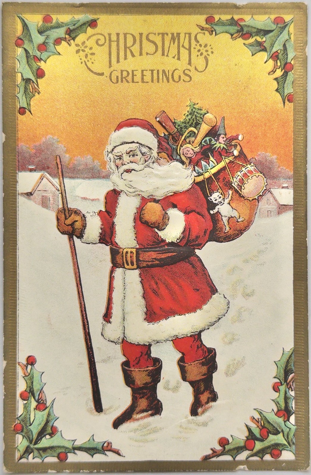 Vintage Antique Embossed Santa Claus Red Suit Toy Sack Christmas Postcard 1910