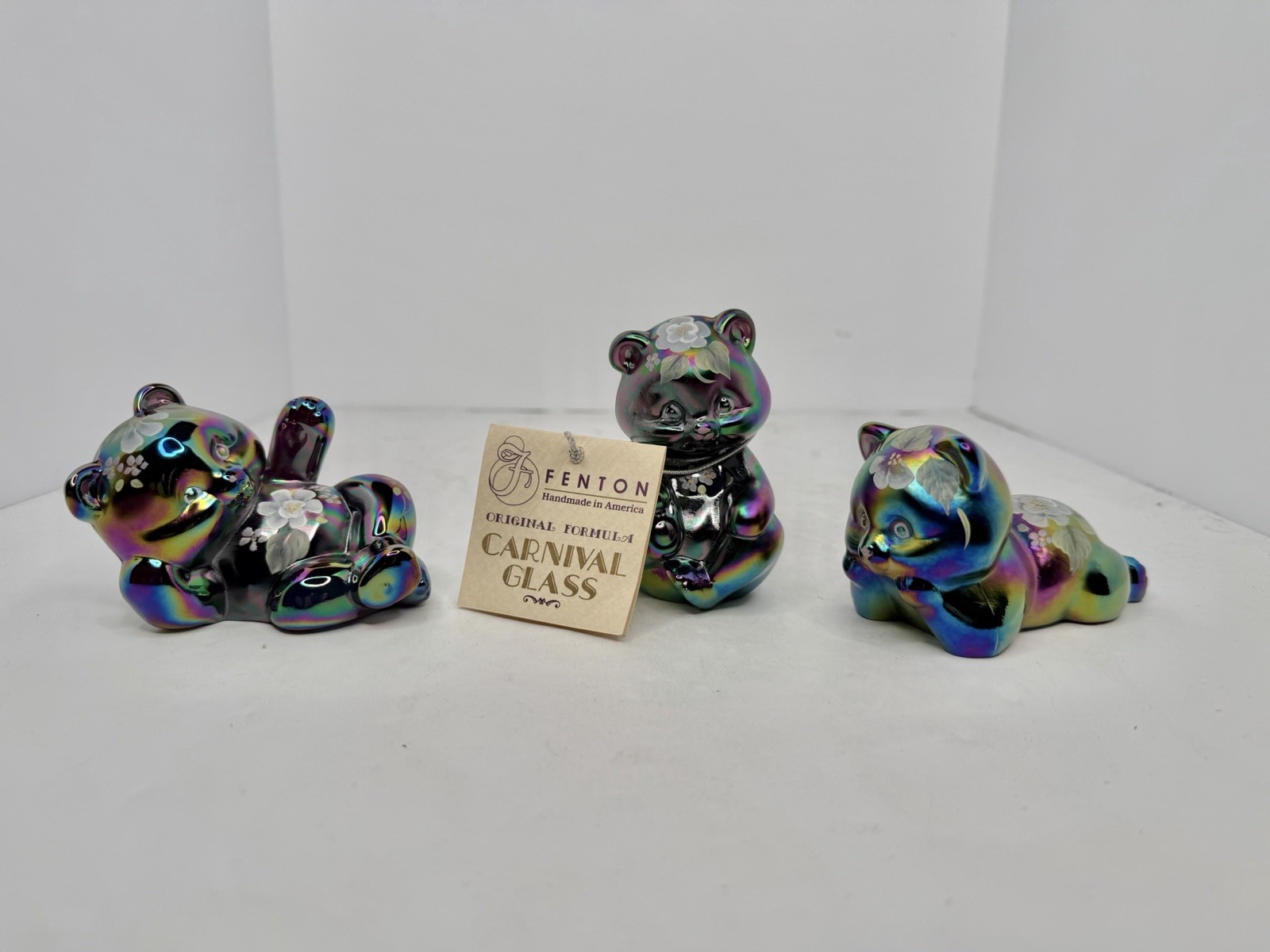 HTF Vintage Fenton Carnival Glass 3pc Bear Set 596/1250 W/label & Tag