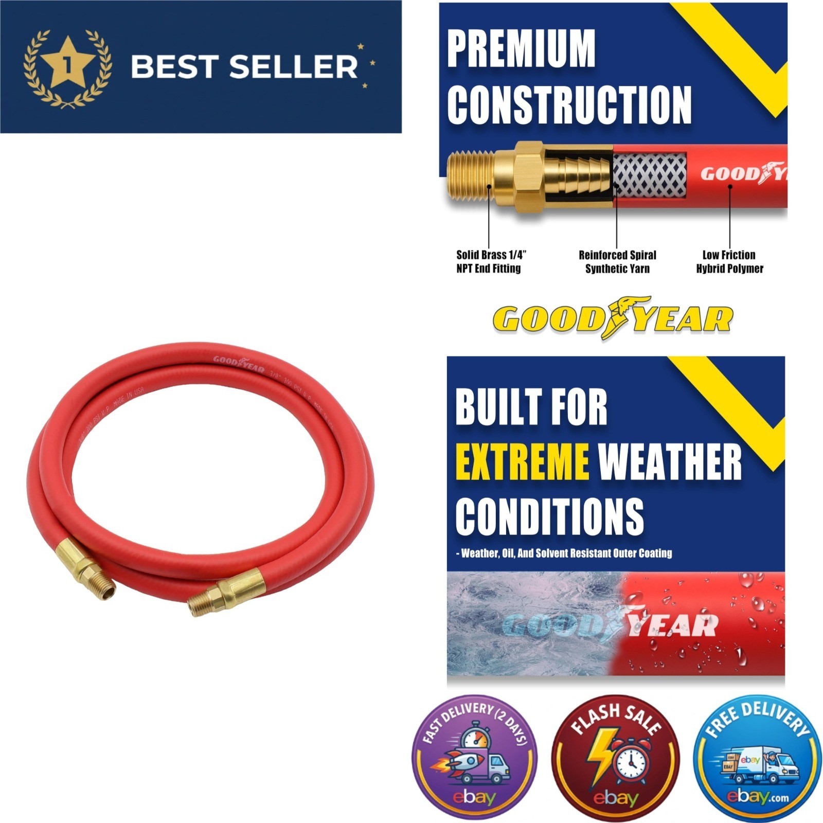 Goodyear 6 ft Hybrid Air Hose 3/8 in 300 PSI Kink Free Brass NPT Fittings
