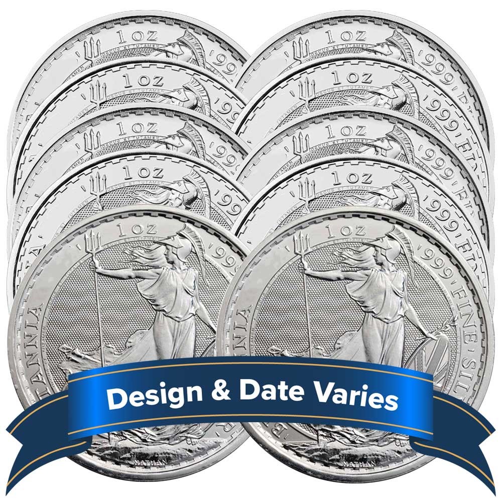 Lot of 10 - U.K. 2 Pound Silver Britannia .999 1 oz Random Date Lot of 10 - U.K. 2 Pound Silver Britannia .999 1 oz Random Date