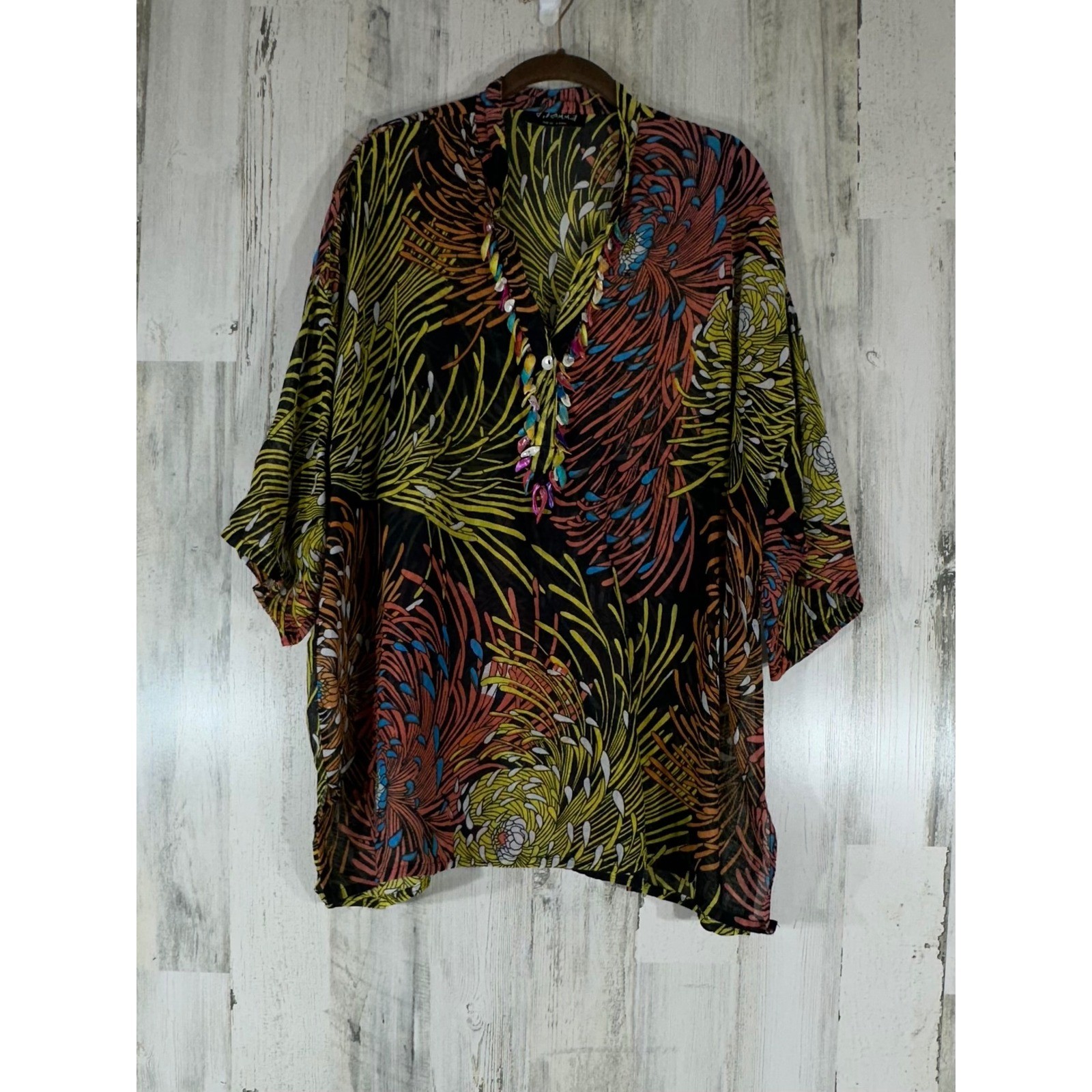 Dilemma New York Top Semi Sheer Gauze Shell Collar Multicolor Floral One Size