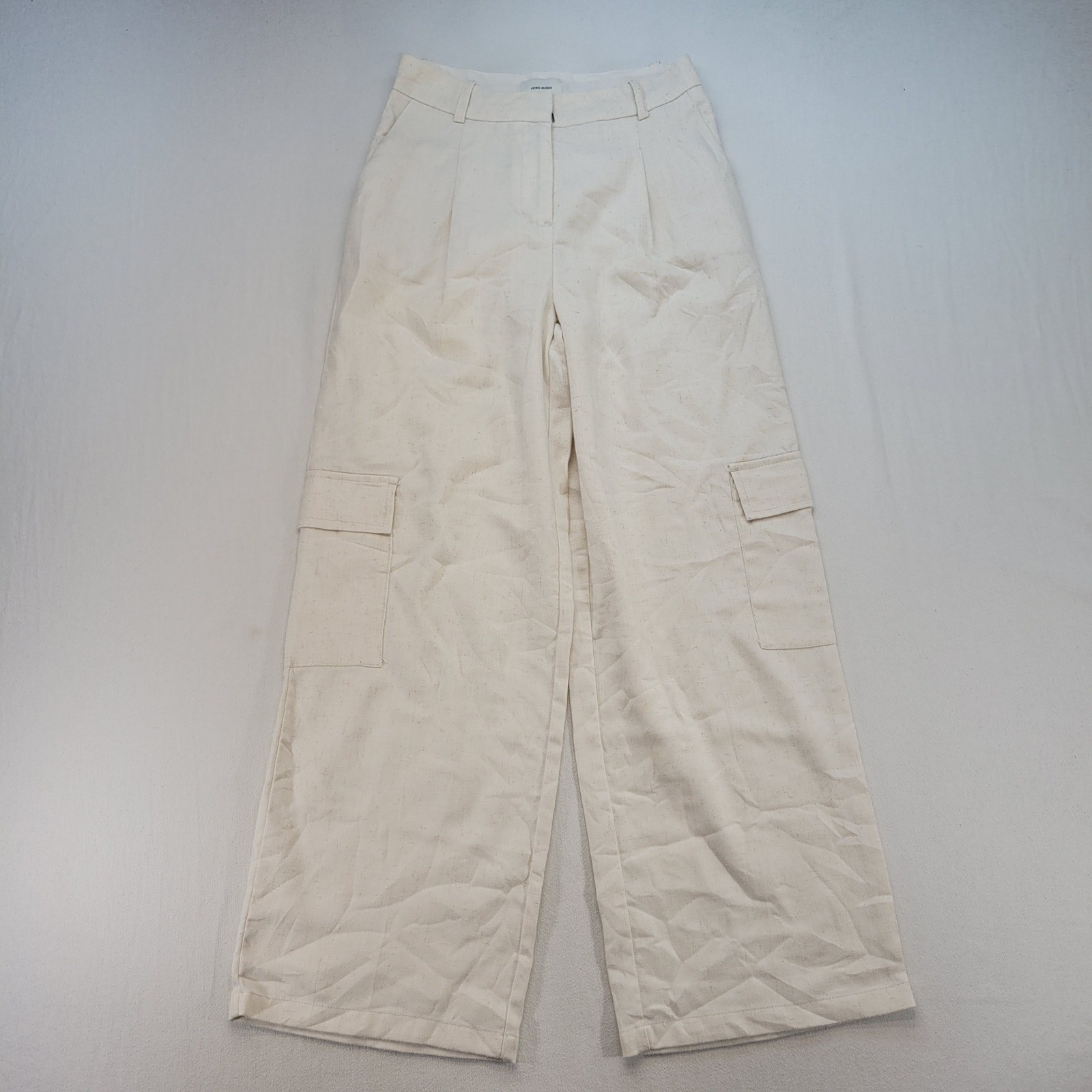 Vero Moda Cargo Pants Womens 26 Off White Wide Leg Linen Blend Utility