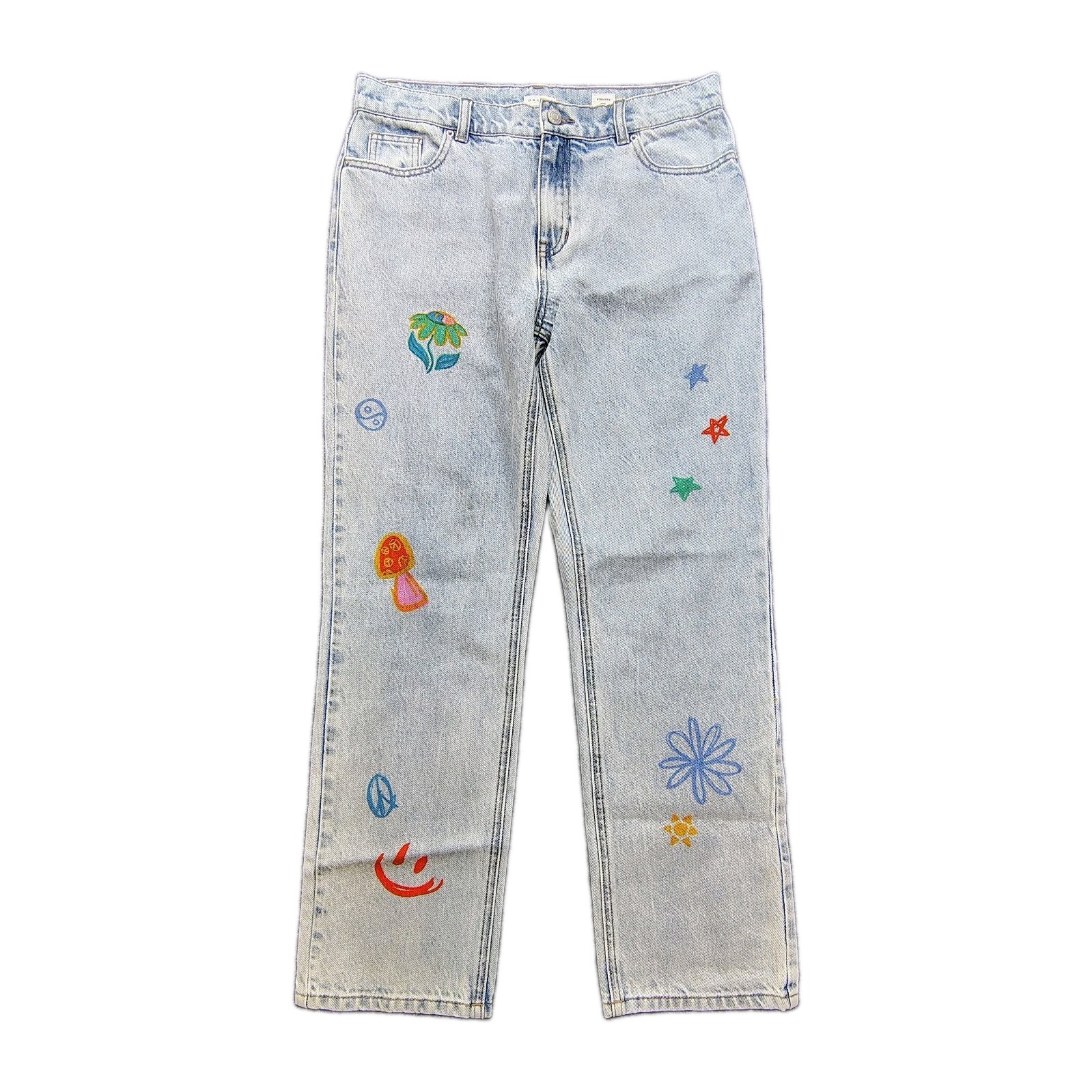 Pacsun Girls Size 16 Jeans Baggy Graphic Blue Denim High Rise Medium Wash Hippie Pacsun Girls Size 16 Jeans Baggy Graphic Blue Denim High Rise Medium Wash Hippie