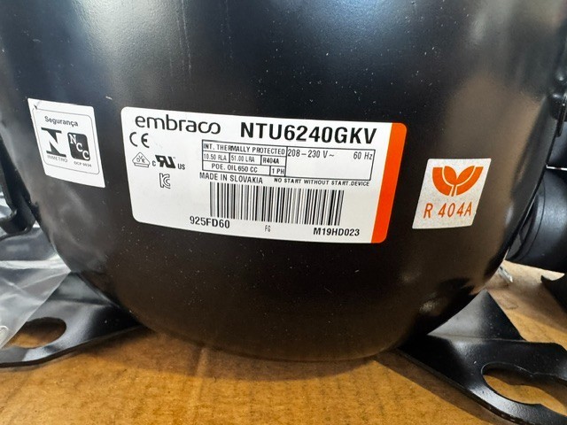 EMBRACO COMPRESSOR NTU6240GKV 1 1/2 HP MBP 208-230/1/60 R404 8,408 Btu EMBRACO COMPRESSOR NTU6240GKV 1 1/2 HP MBP 208-230/1/60 R404 8,408 Btu