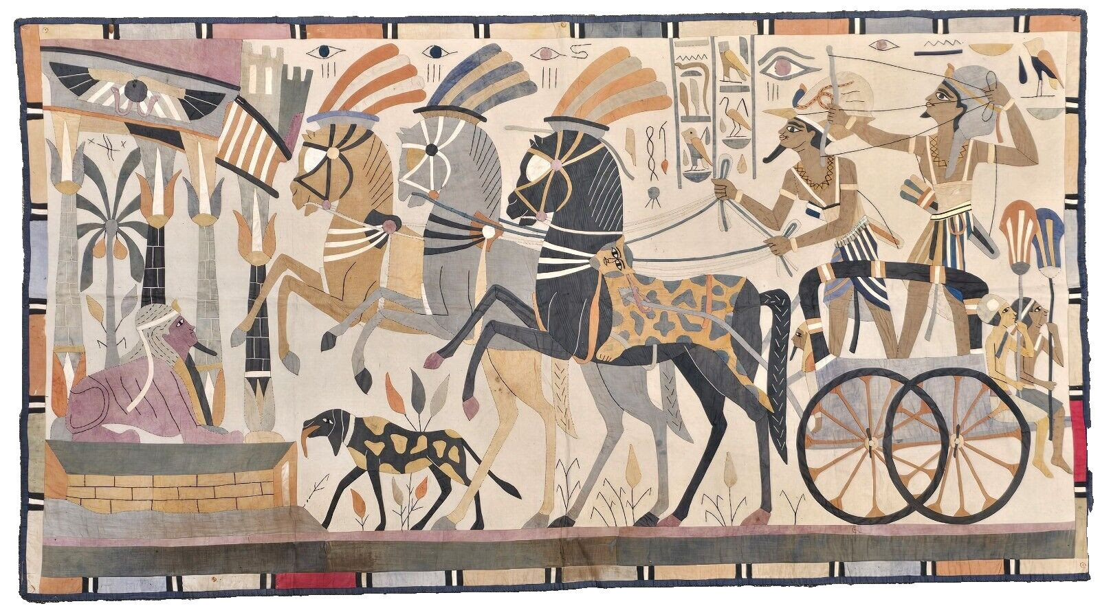 Large Antique Circa 1920's Egyptian Revival Applique Tapestry Royals in Chariot