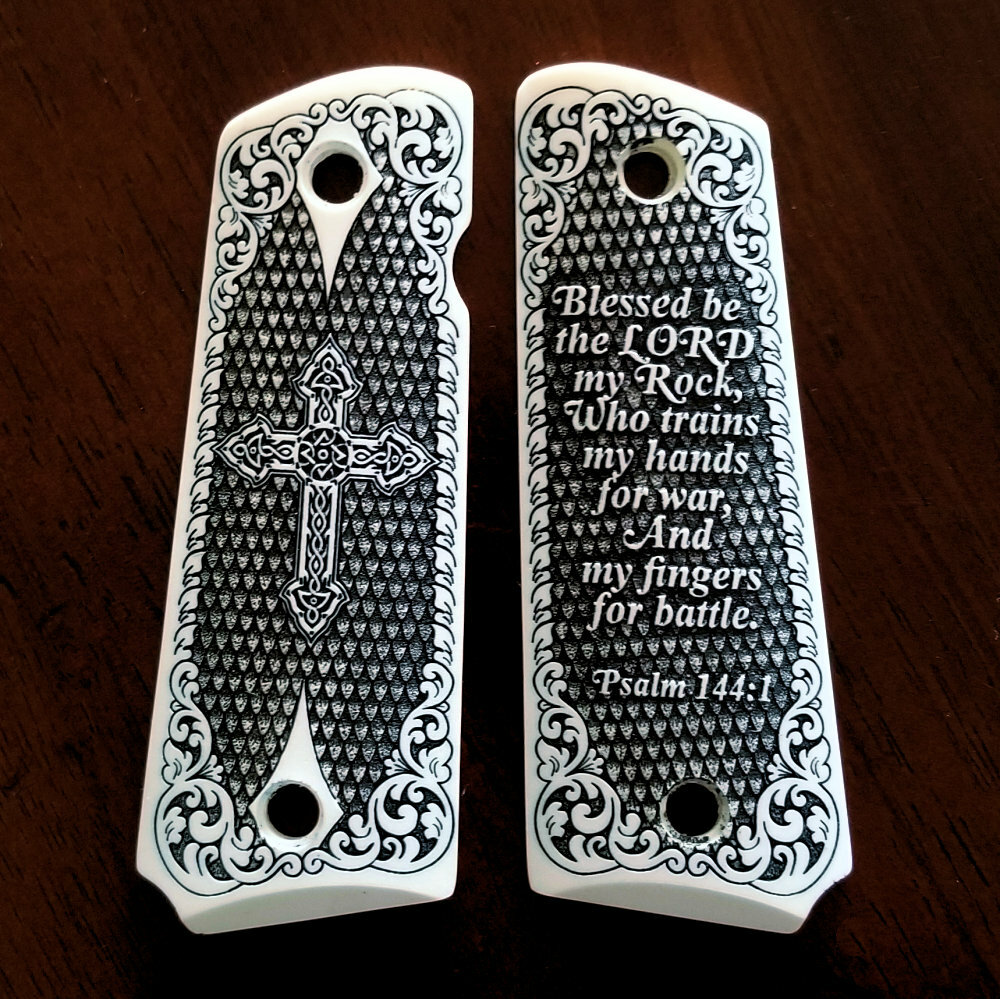 1911 full size custom 3D engraved imitation ivory grips scroll Cross Psalm 144:1 1911 full size custom 3D engraved imitation ivory grips scroll Cross Psalm 144:1