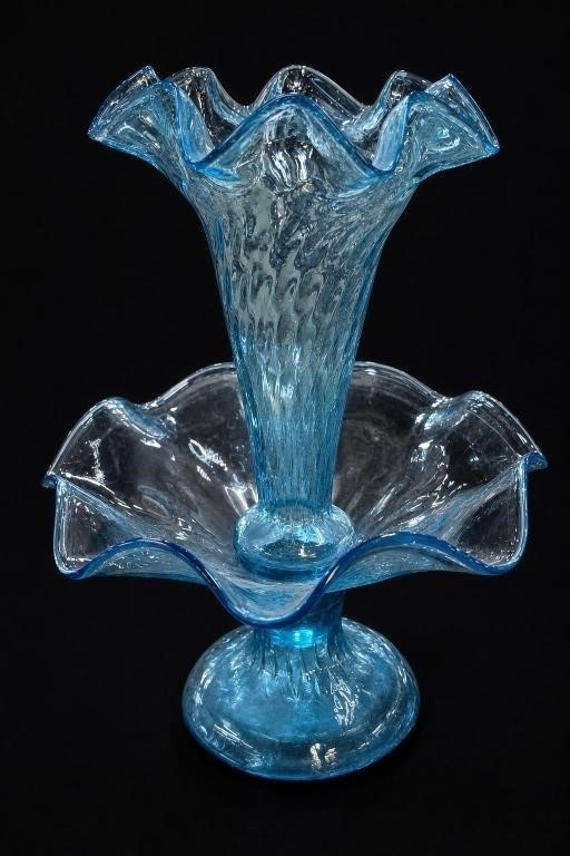 Fenton Epergne Blue Glass Pedestal Vase UV Fenton Epergne Blue Glass Pedestal Vase UV