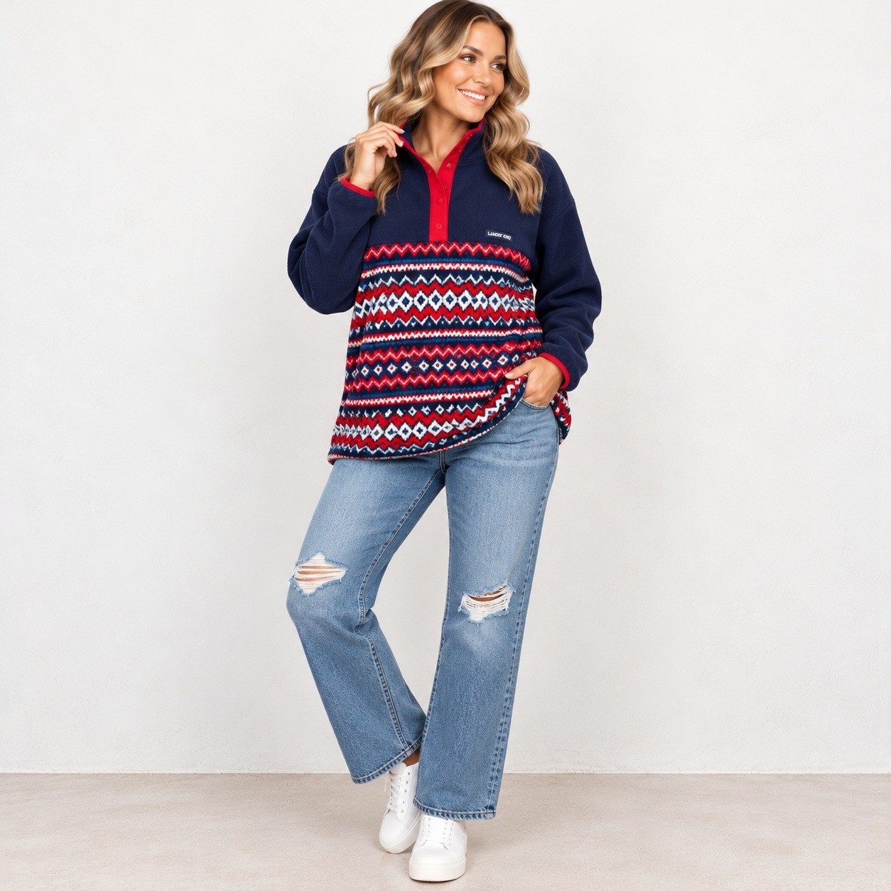 Lands End Womens Navy Blue Fair Isle Fleece Half Snap Pullover Sweater Top 1X
