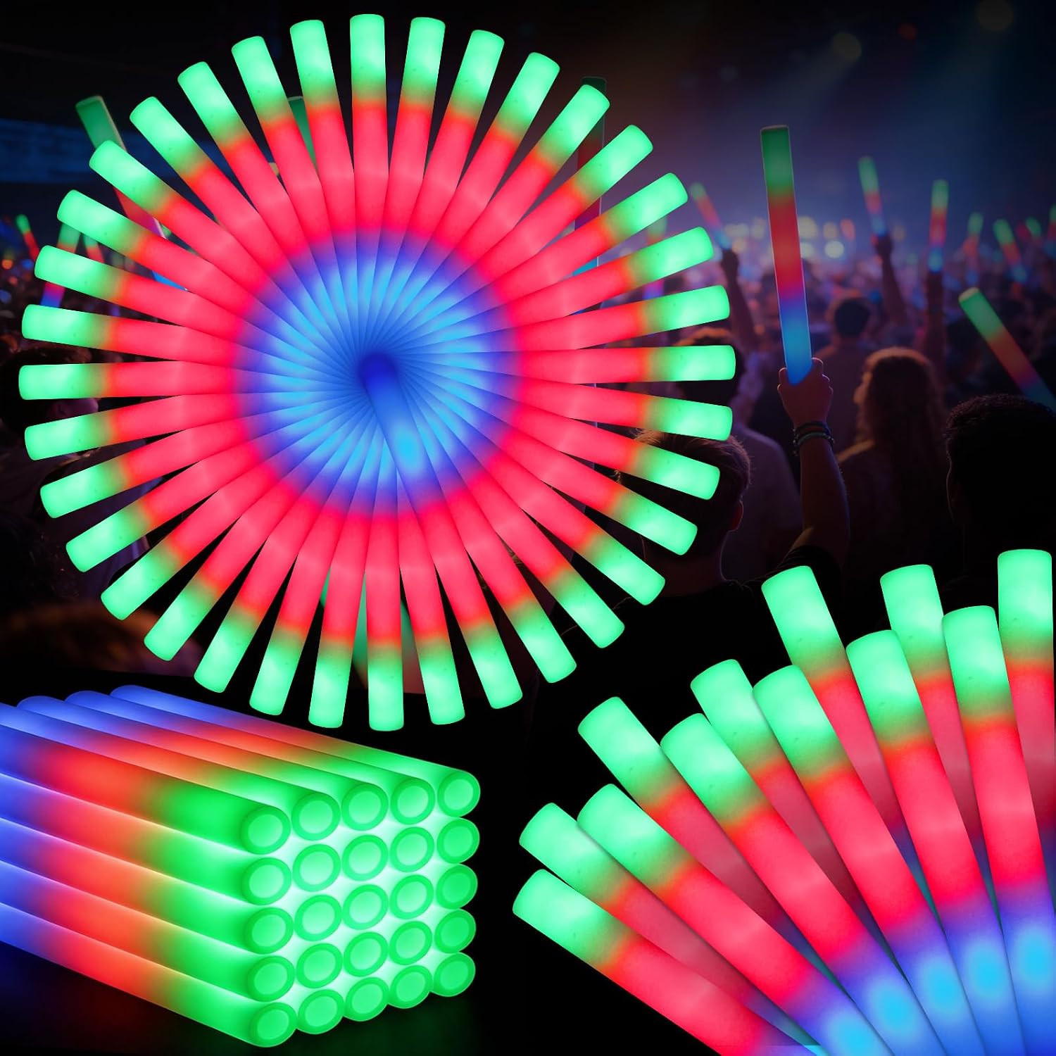 125PCS Foam Glow Sticks Bulk, Light up in the Dark Party Supplies with 3 Colorfu