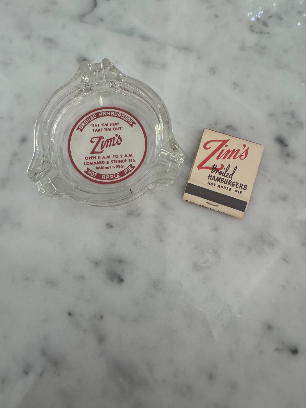 Vintage Zim\'s Broiled Hamburgers Glass 3 Lobe Ashtray & Full Unstruck Matchbook